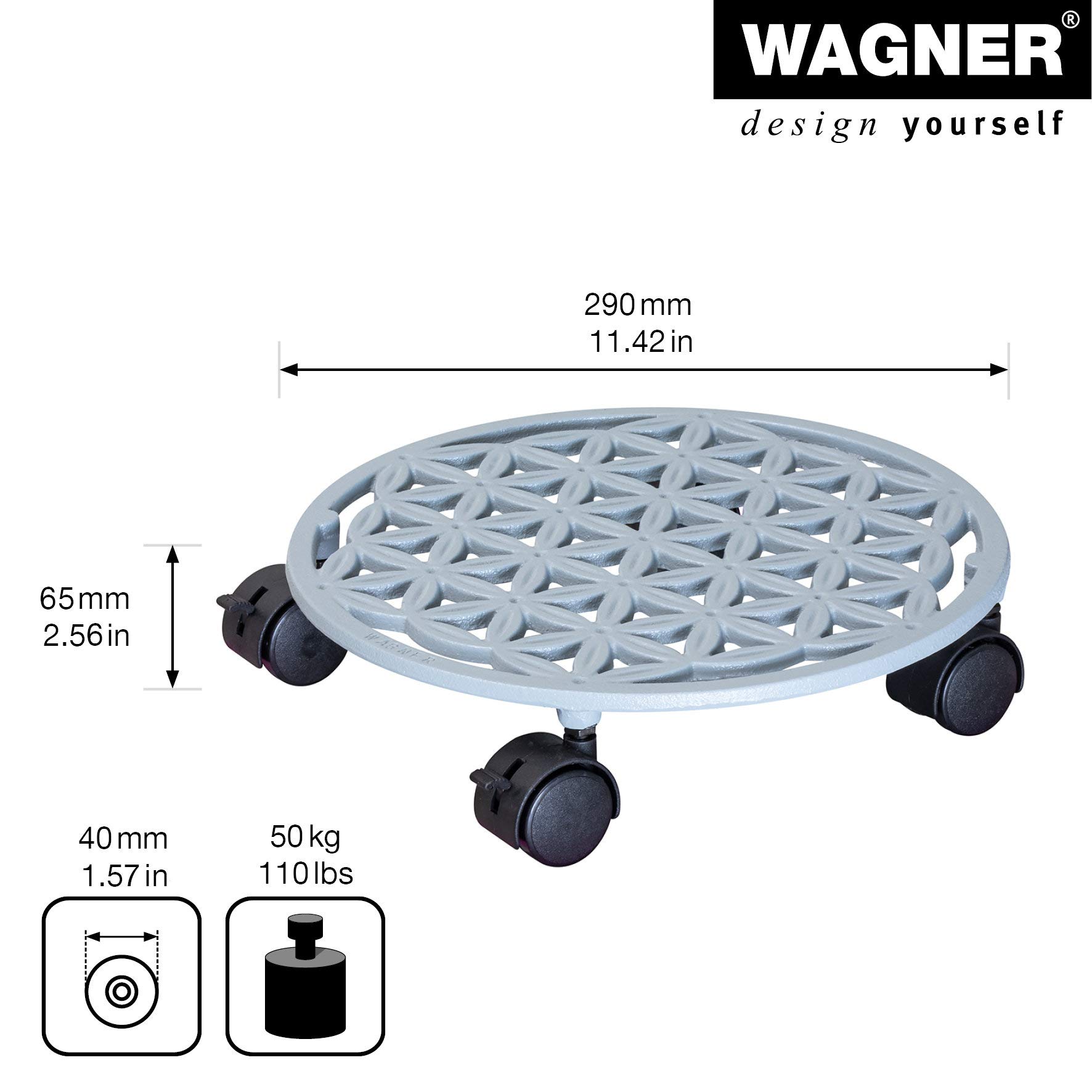 WAGNER Support à roulettes pour pot de fleur FLEUR DE VIE Ø 29 x 6,5 cm I Pour l'intérieur + l'extérieur I Roule pot en fonte, blanc papyrus I 2 freins I Capacité de charge 50 kg- 20091901