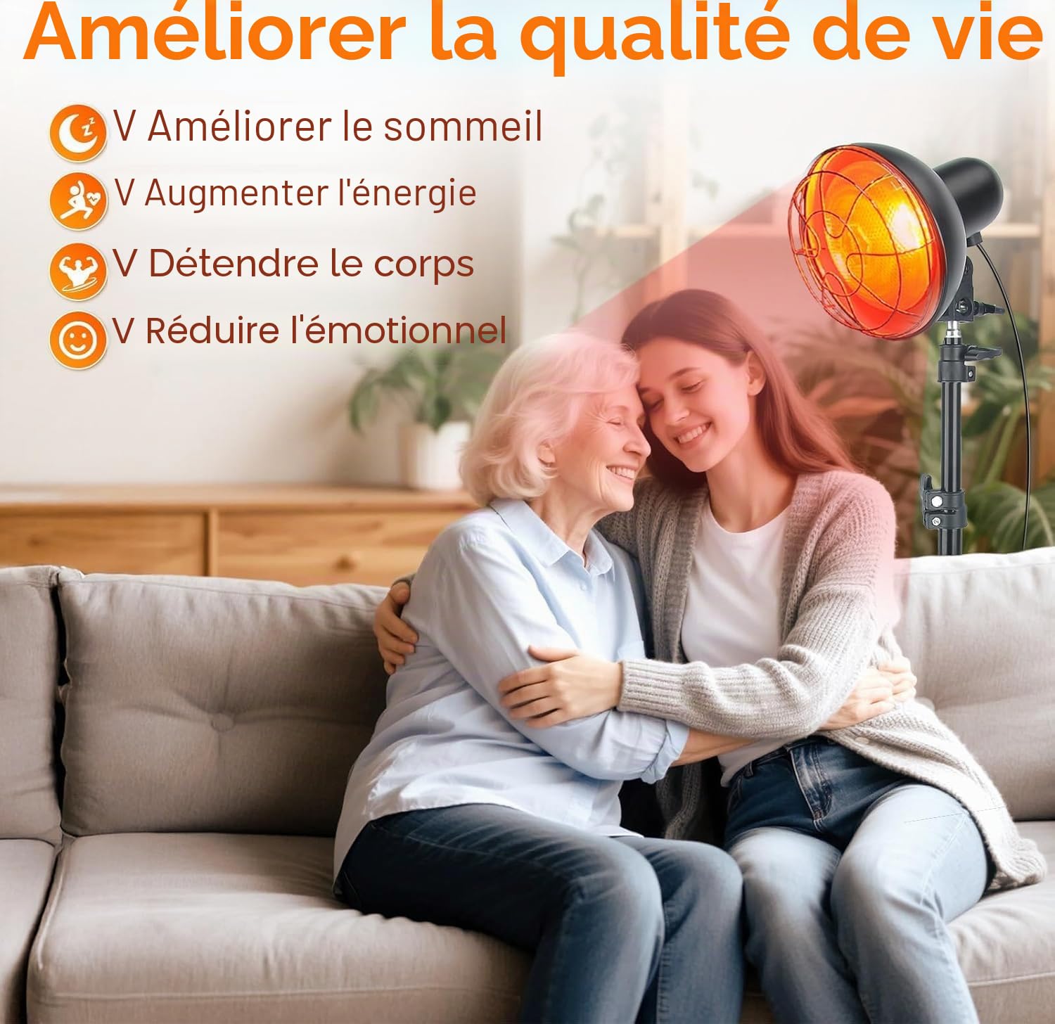 Lampe infrarouge 150W, température réglable | Chaleur 30–60°C, +50% pénétration, 10 niveaux, minuterie 5–60 min, hauteur 58–116cm
