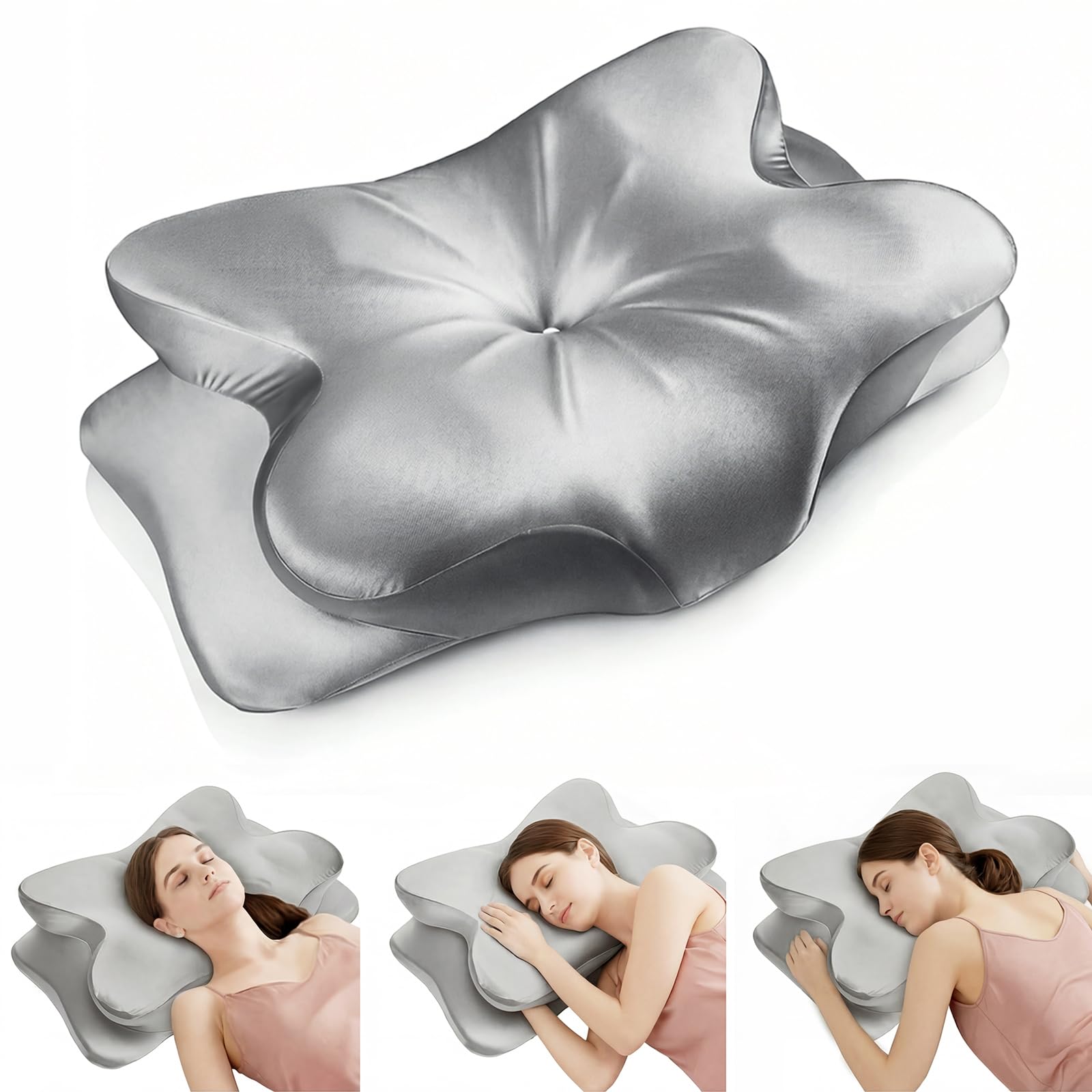 Cervical Neck Pillow for Neck Pain Relief,Ergonomic Memory Foam Contour Pillow with Wrinkle-Resistant Silky Satin Fabric Cover,Orthopedic Bed Pillow for Side,Back,Stomach Sleepers,Gray
