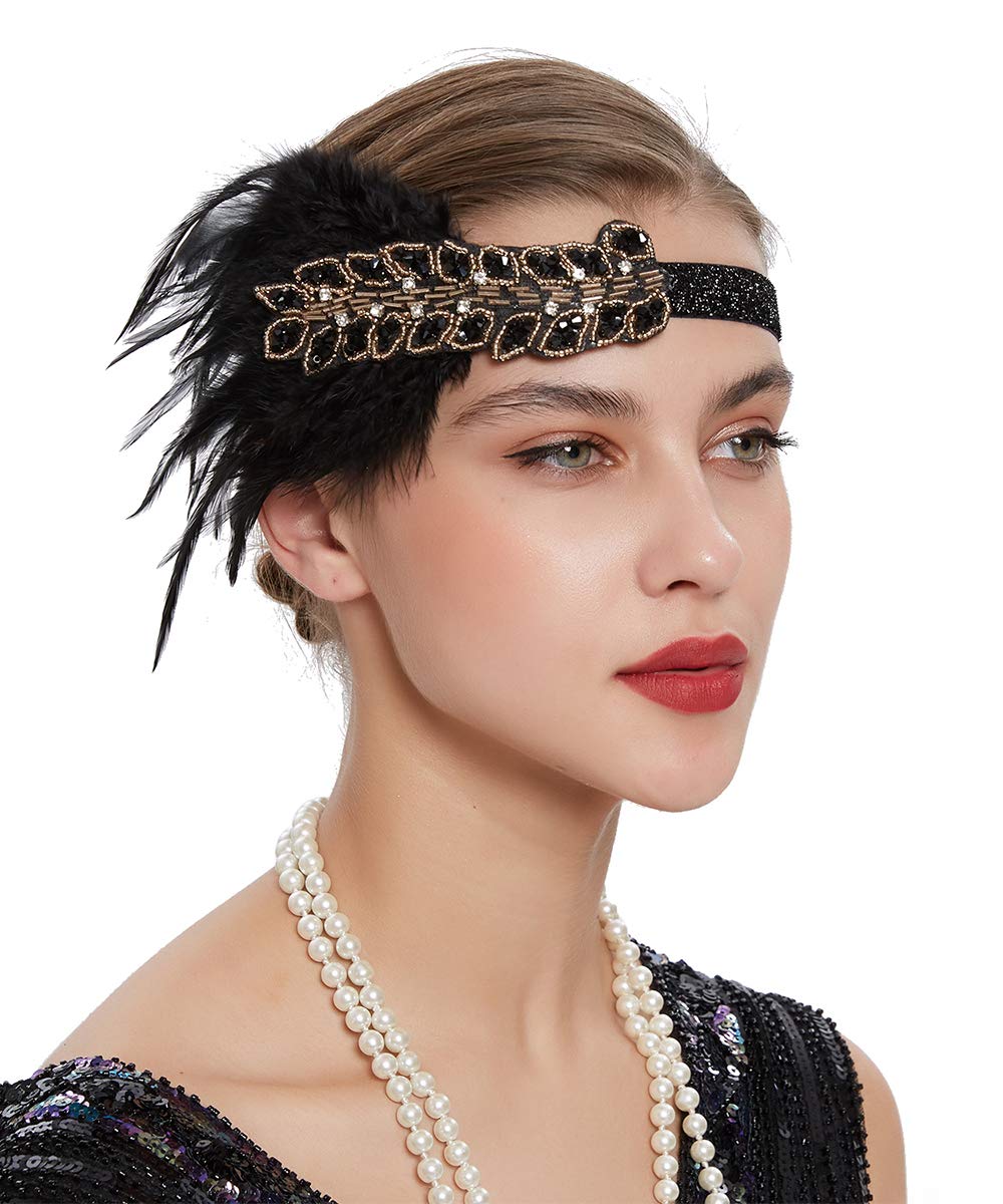 AnglacesmadeBridal 1920s Flapper Feather Headband Crystal Beaded Black Feather Headpiece Great Gatsby Hair Jewelry for Women and Girls