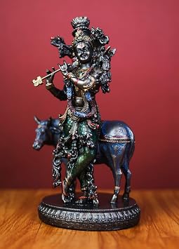 26.5 cm Bonded Bronze Lord Krishna Statue with Cow Gopala Murti, Cow Krishna Sculpture, Perfect Housewarming Gift