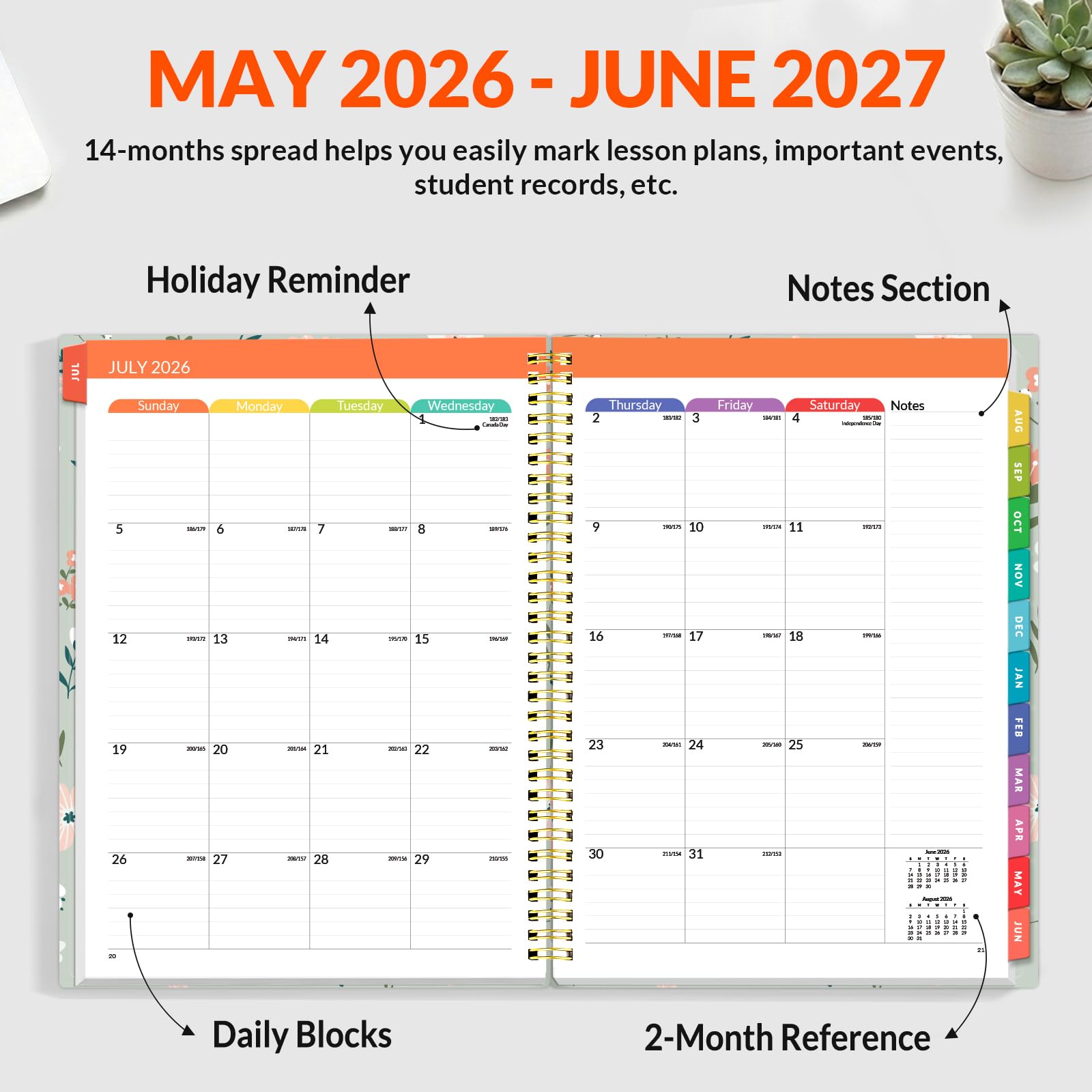 SUNEE Agenda per insegnanti 2026-2027, anno accademico, agenda scolastica con 7 periodi, da luglio 2026 a giugno 2027, 21,6 x 27,9 cm, agenda giornaliera, settimanale e mensile, agenda con tasca