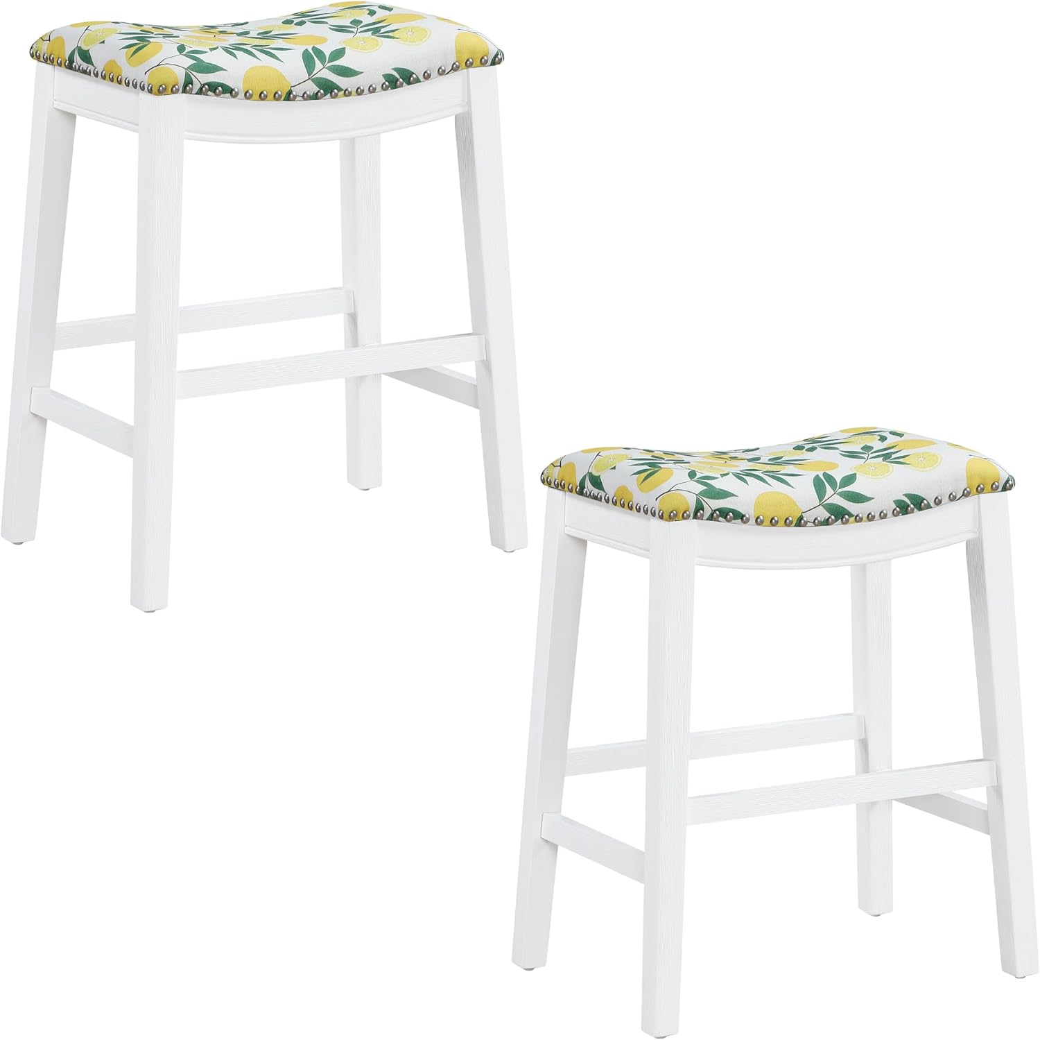OSP Home Furnishings Metro Farmhouse Saddle Stool with Nailhead Trim, 2-Pack, 24-inch Counter Height, White Frame with Lemon Fabric