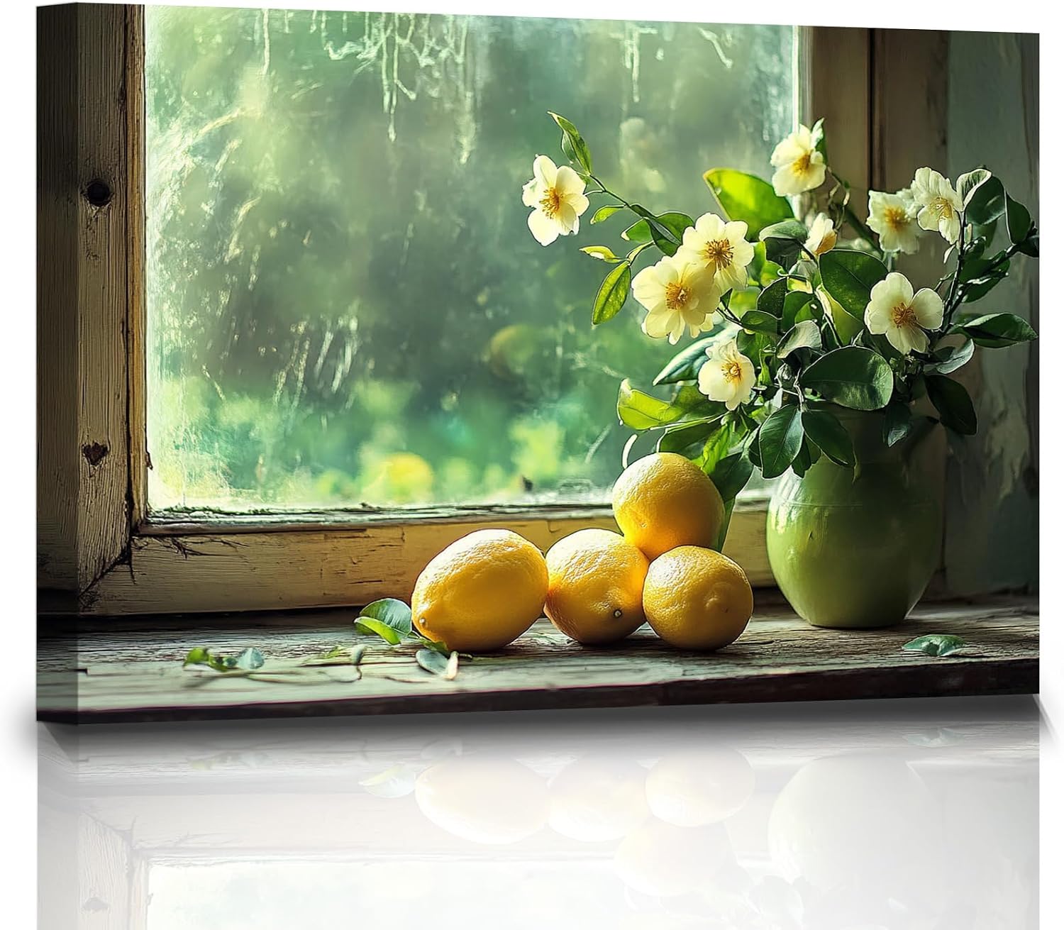 Craftline - Lemon Wall Art Vintage Yellow Lemon Still Life Oil Paintings Prints on Canvas Framed Rustic Flowers Poster Country Farmhouse Artwork for Kitchen Living Romm Bedroom 24x16inch
