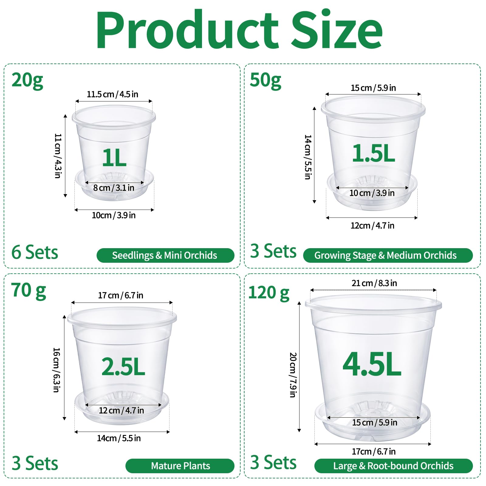 KATIMI Lot de 15 pots à orchidées avec drainage, 11 cm/15 cm/17 cm/21 cm, pots de fleurs transparents épais avec drainage, pots de fleurs en plastique transparent, pots à orchidées durables pour