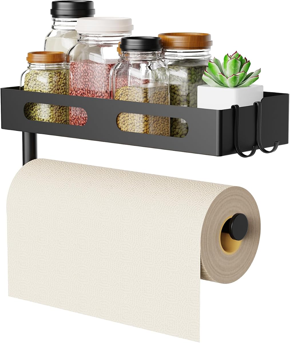 Soporte para toallas de papel, soporte de pared para cocina, soporte para toallas de papel con estante para baño, toallero de papel para vehículos recreativos, estante para especias con 2 ganchos, negro mate