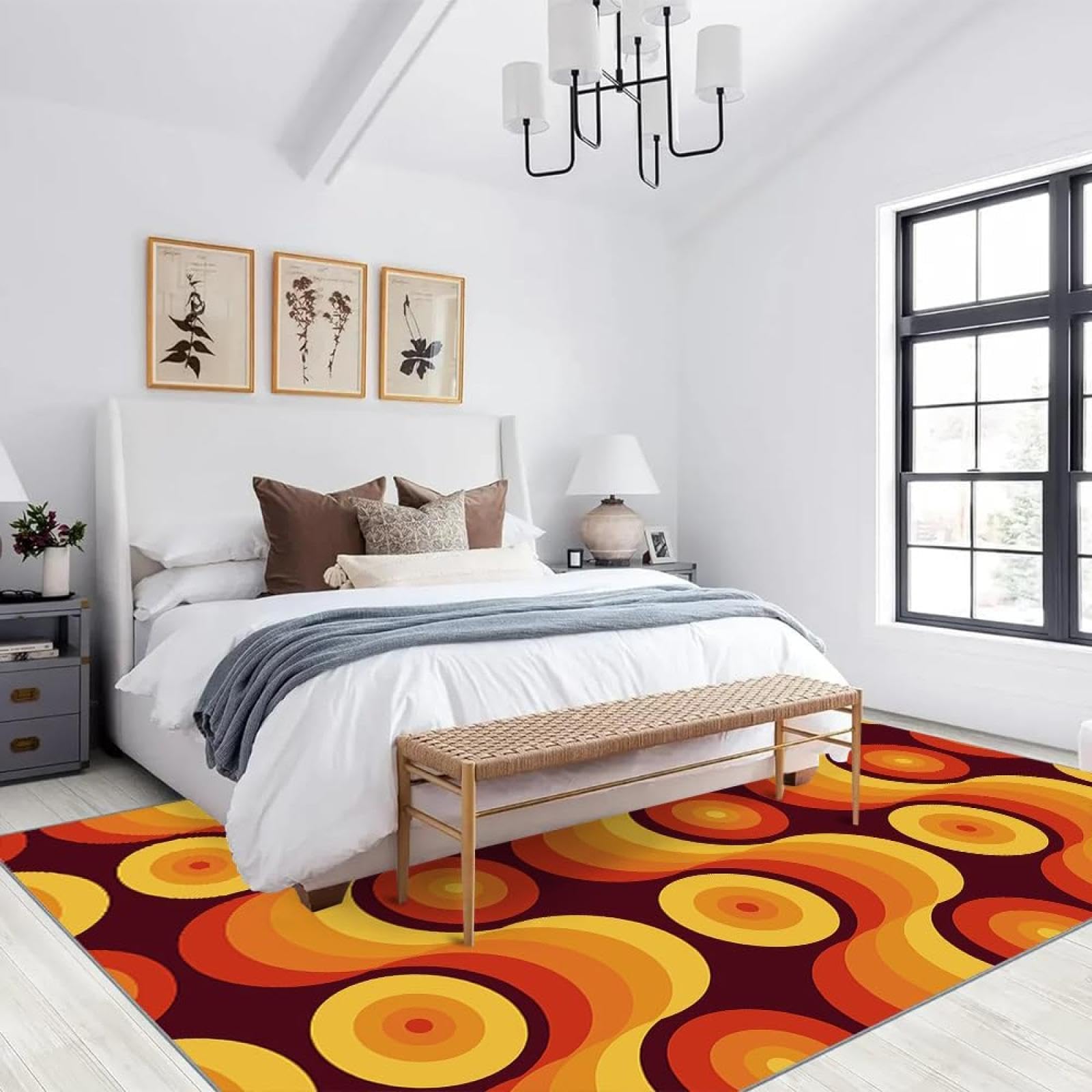 Rétro Marron Orange Tapis de Salon 120x150cm Milieu du siècle Années 70 Tapis de Couloir, Motif Géométrique Abstrait Tapis Chambre à Coucher, Lavable Antidérapant Tapis pour Porte d'Entrée