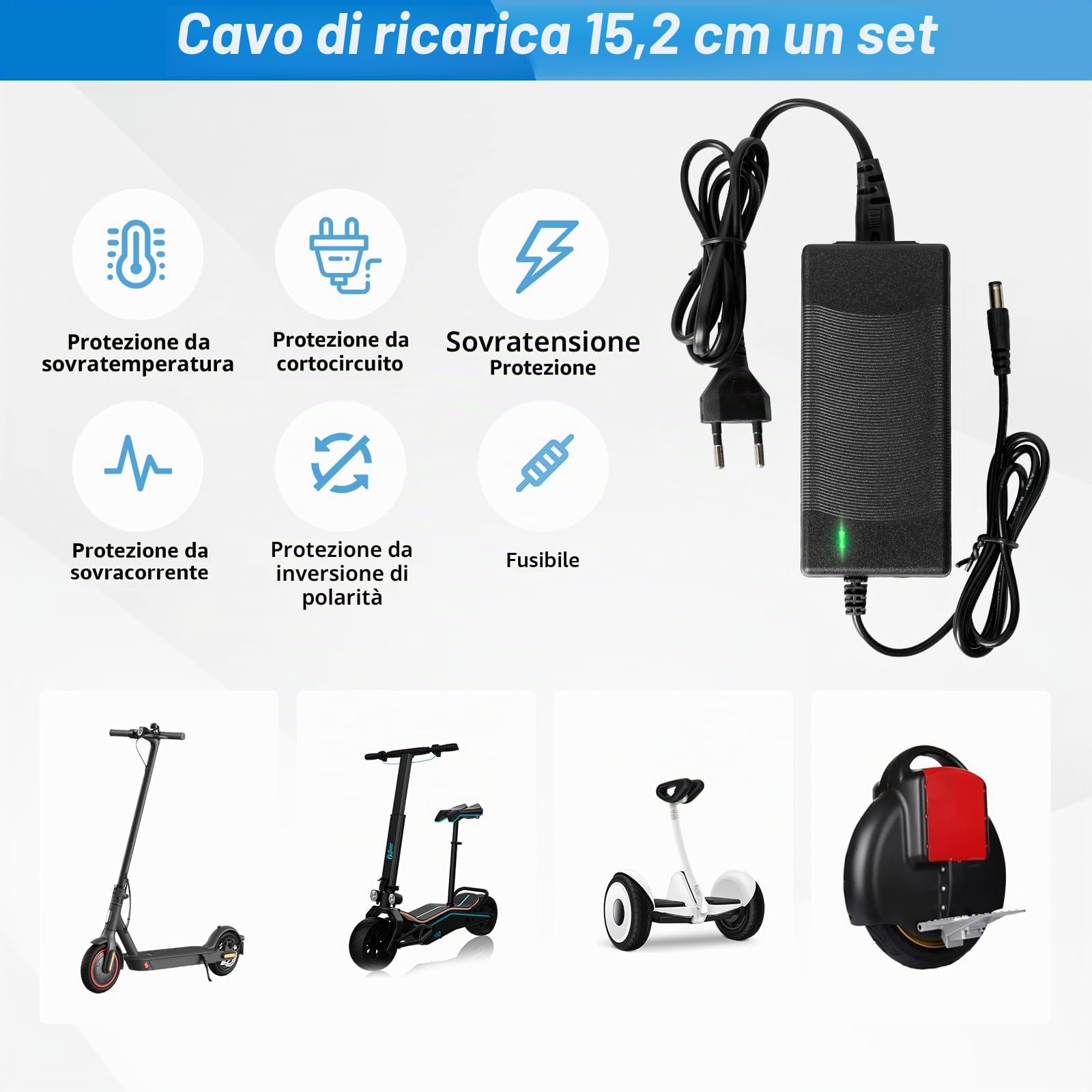 Caricatore Monopattino Elettrico, 42V 2A Caricabatteria per Scooter Elettrico, con 6 Connettori, per M365 Scooter, 36V Hoverboard, Bici Equilibrata, Drifting Board