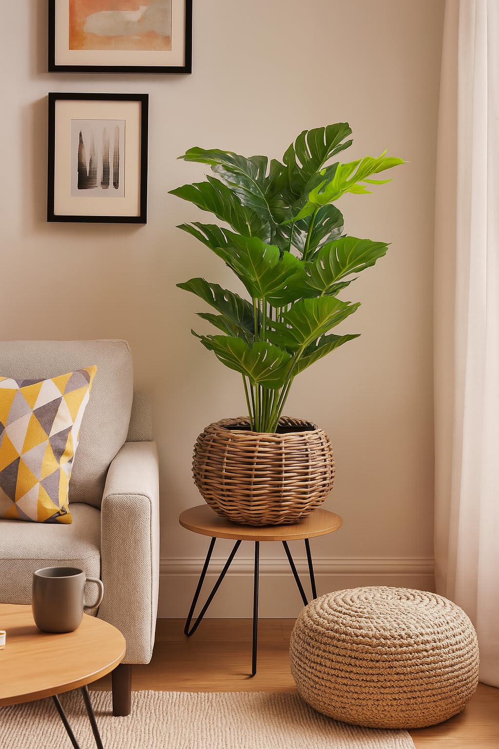 Rattan Drypot Kugel - ø 45 x 34 cm - Runder Pflanztopf - Nachhaltiger Pflanztopf mit recyceltem wasserdichtem Kunststoff-Innenbehälter - Blumentöpfe für Innen - Pflanzenkörbe - Pflanzenhalter - Grau