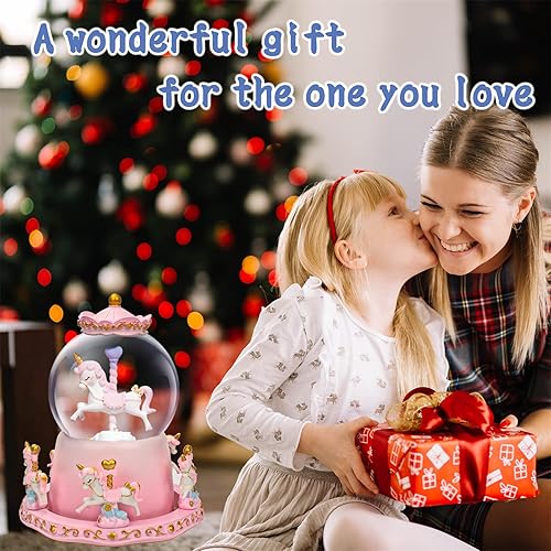 Miniatura 6 de Caja de música de carrusel rosa, globo de nieve, caballo, luces LED que cambian de color, reproduce 6 canciones como castillo en el cielo, regalo