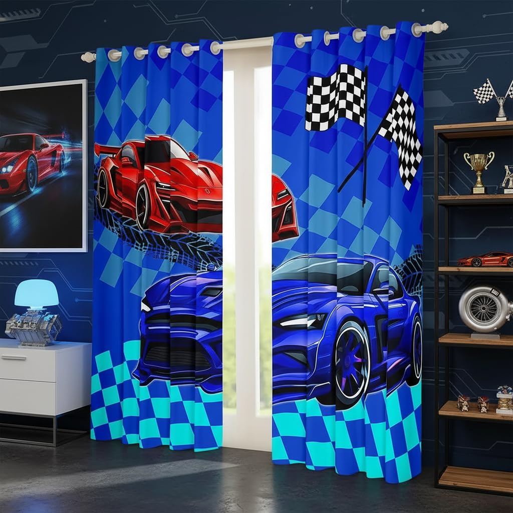Sport Auto Kinder Fenster Vorhänge, Red Navy Racing Auto Speed Race Fenster Behandlungen, Blau Karierte Kunst Fenster Vorhänge für Home Decor, 2 Panels, L Größe,Guter Schattierungseffekt