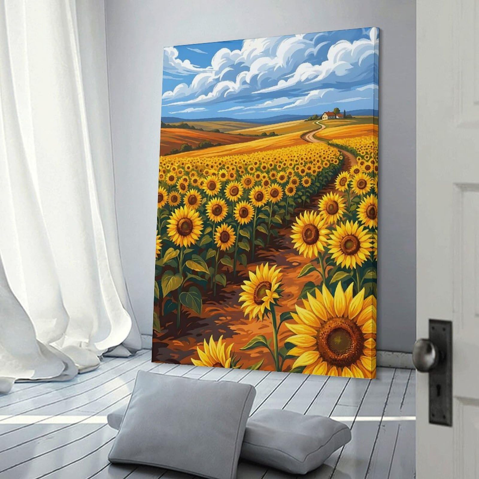 Junmoney Frame-Style-22 Vast Sunflower Field Under A Cloudy Sky Decorative Wall Artwork, 12X18inch(30X45cm), For New Homes, Bedrooms Or Workspaces, Gift Idea For Housewarming And Birthdays