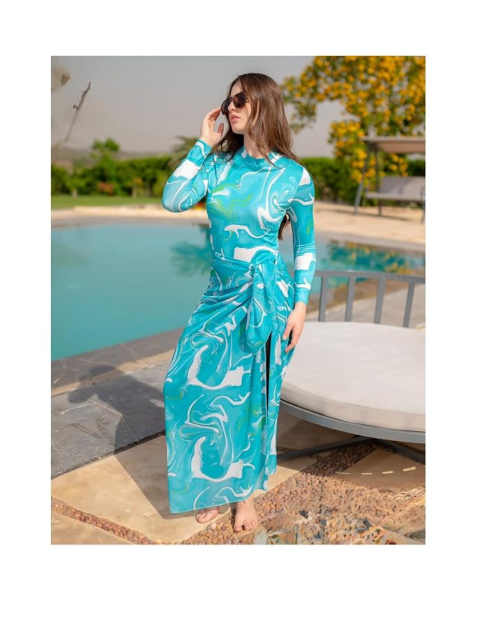 4 Piece Swimsuit for Hijab – Modern Modest Design with Marble Pattern – Women Swimsuit with Tunic, Skirt, Pants & Veil – Waterproof and Chlorine Resistant