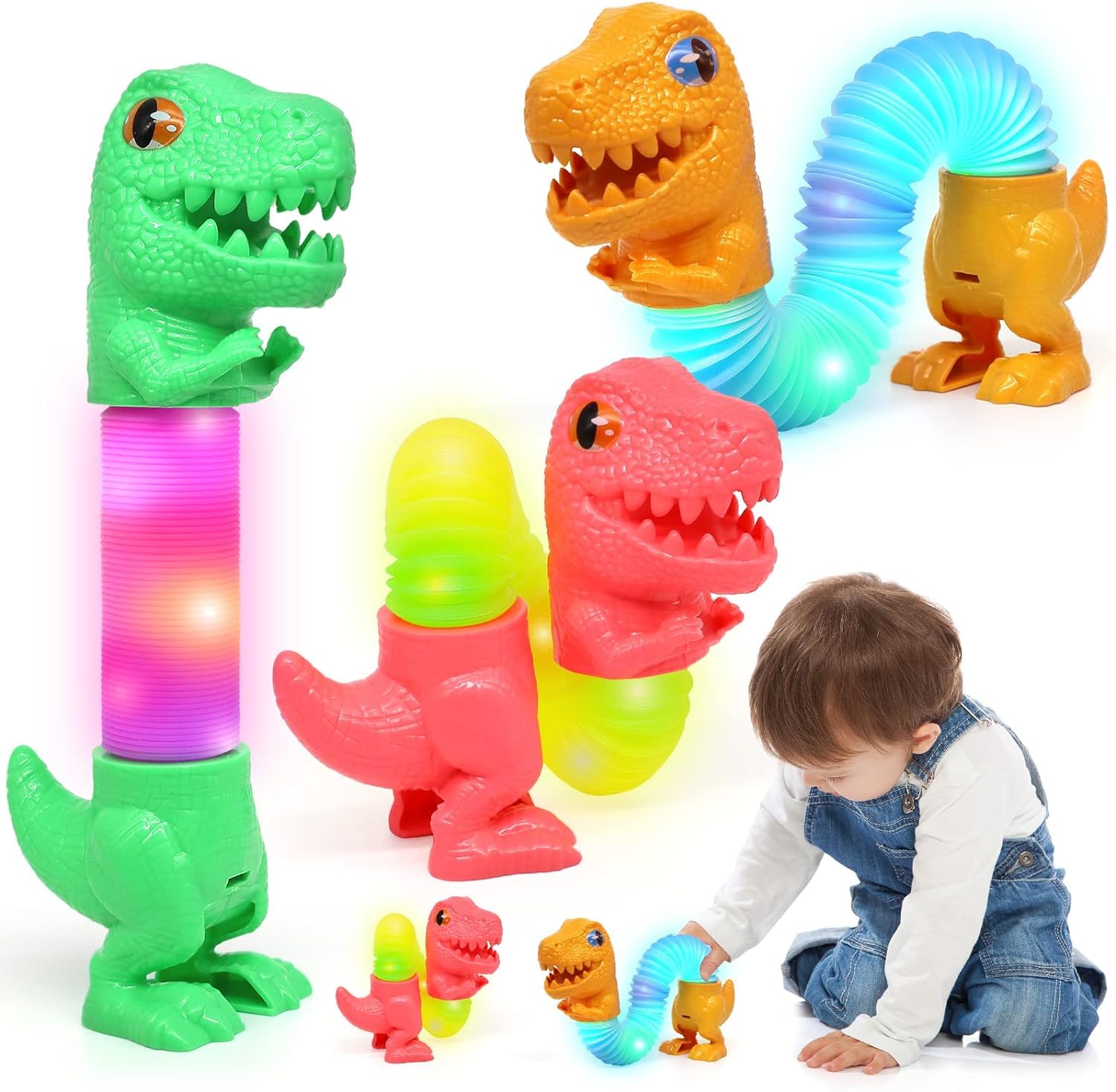 IntertestPop Tubes for Toddlers, with LED Light Up,3 Light Mode,3Packs Dinosaur Tube Toy, Stress Relief Toys for Autism Kids, Glow Party Supplies for Easter Birthday Gift
