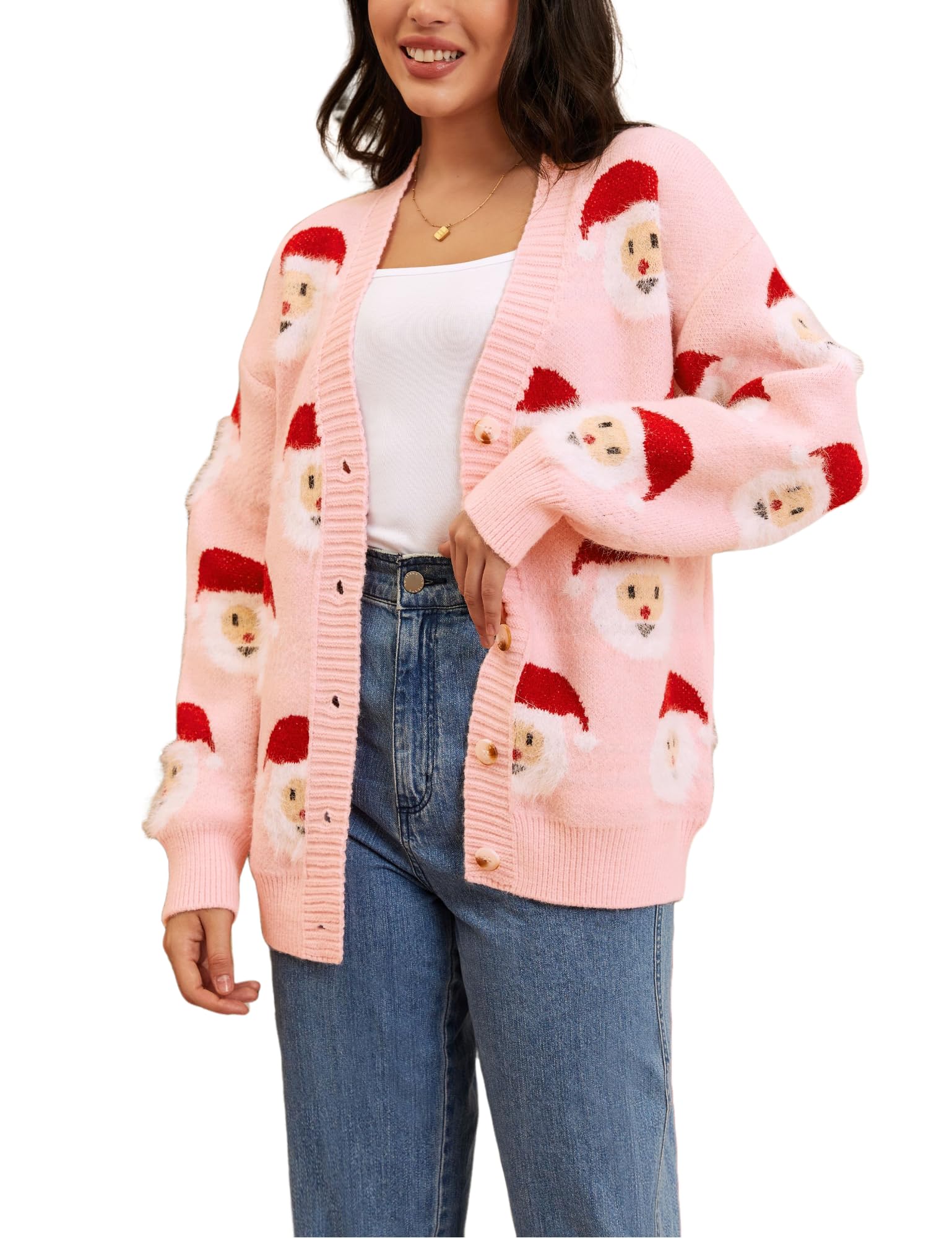 Ugly Christmas Sweaters for Womens Funny Santa Xmas Cardigan V Neck Button Down Knit Sweater with Pockets