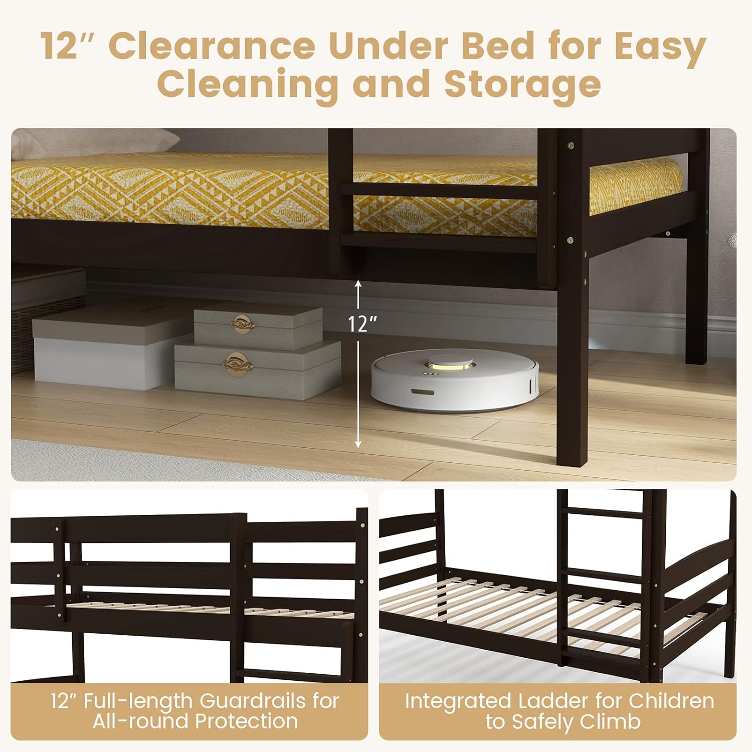 DORTALA Twin Over Twin Bunk Bed, Rubber Wood Convertible Wood Bunk Bed with Ladder Guardrail, Safety High Guardrail, Solid Wood Frame, Practical Morden Bunk Beds for Home, Dorm, Apartment, Espresso