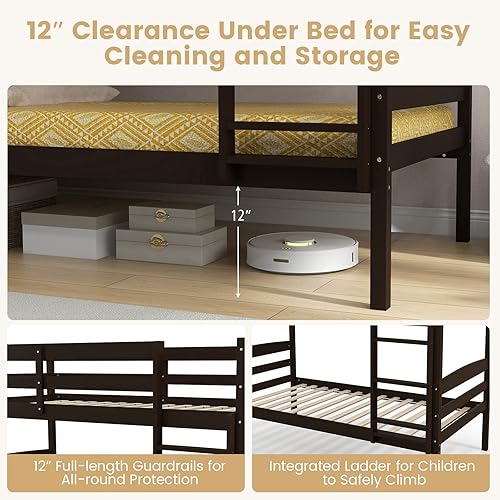 Miniatura 6 de KOMFOTT - Litera con tamaño doble sobre dos individuales, estructura de litera de madera con barandilla de longitud completa y escalera integrada,