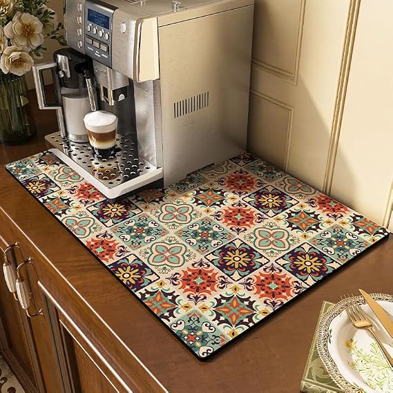 Colorful Coffee Maker Mat for Countertop Coffee Bar Drying Mat 12X16 Trimmable, PU Leather Surfa Absorbent Quick Drying Mat, Countertop Protection Drying Pat (Colorful, 12x16 inch)