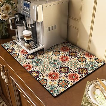 Colorful Coffee Maker Mat for Countertop Coffee Bar Drying Mat 12X16 Trimmable, PU Leather Surfa Absorbent Quick Drying Mat, Countertop Protection Drying Pat (Colorful, 12x16 inch)