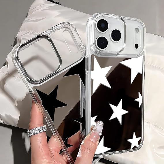 iPhone 18 Pro Max対応 かわいい光沢ミラーケース、ホワイトクールスター、シニア耐衝撃保護とシルバーレンズフレーム レディース ガールズ メンズ