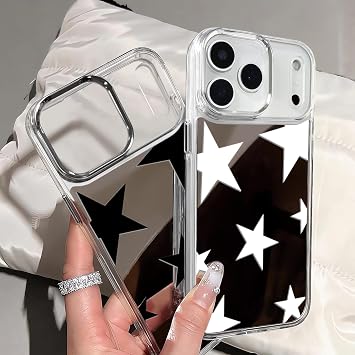 iPhone 18 Pro Max対応 かわいい光沢ミラーケース、ホワイトクールスター、シニア耐衝撃保護とシルバーレンズフレーム レディース ガールズ メンズ