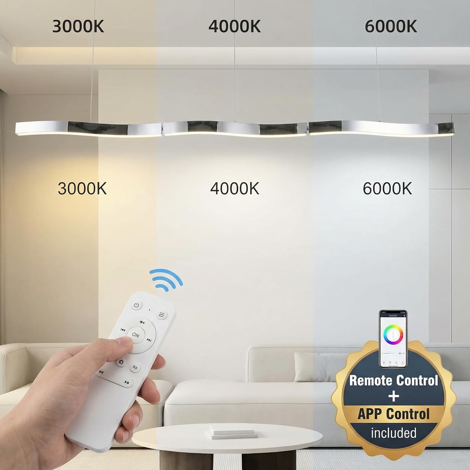 Chrome Wavegold 86'' Pendant Light fixtures - 60W LED Dimmable with Remote & APP Control, Modern Long Hanging Lamp for Dining Room, Kitchen Island, Office