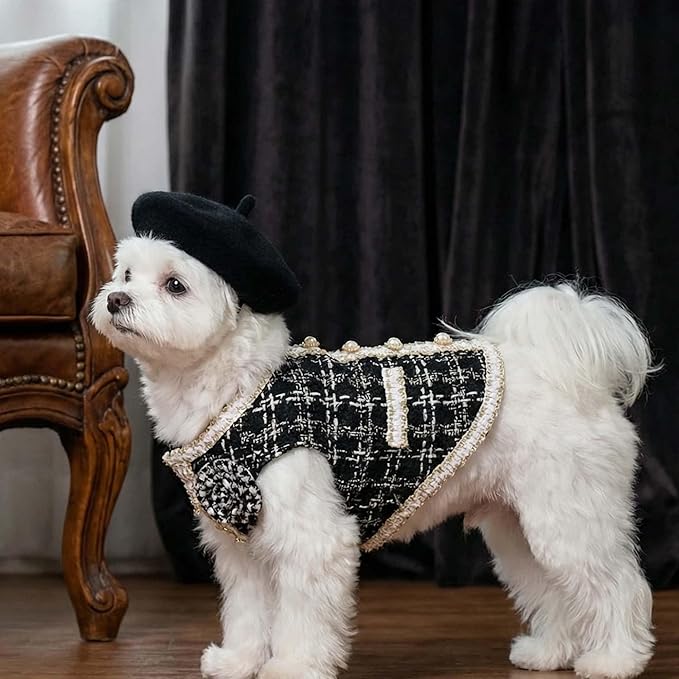 Traje de Tweed y Boina para Perro Pequeño, Abrigo Negro Elegante miniatura 3