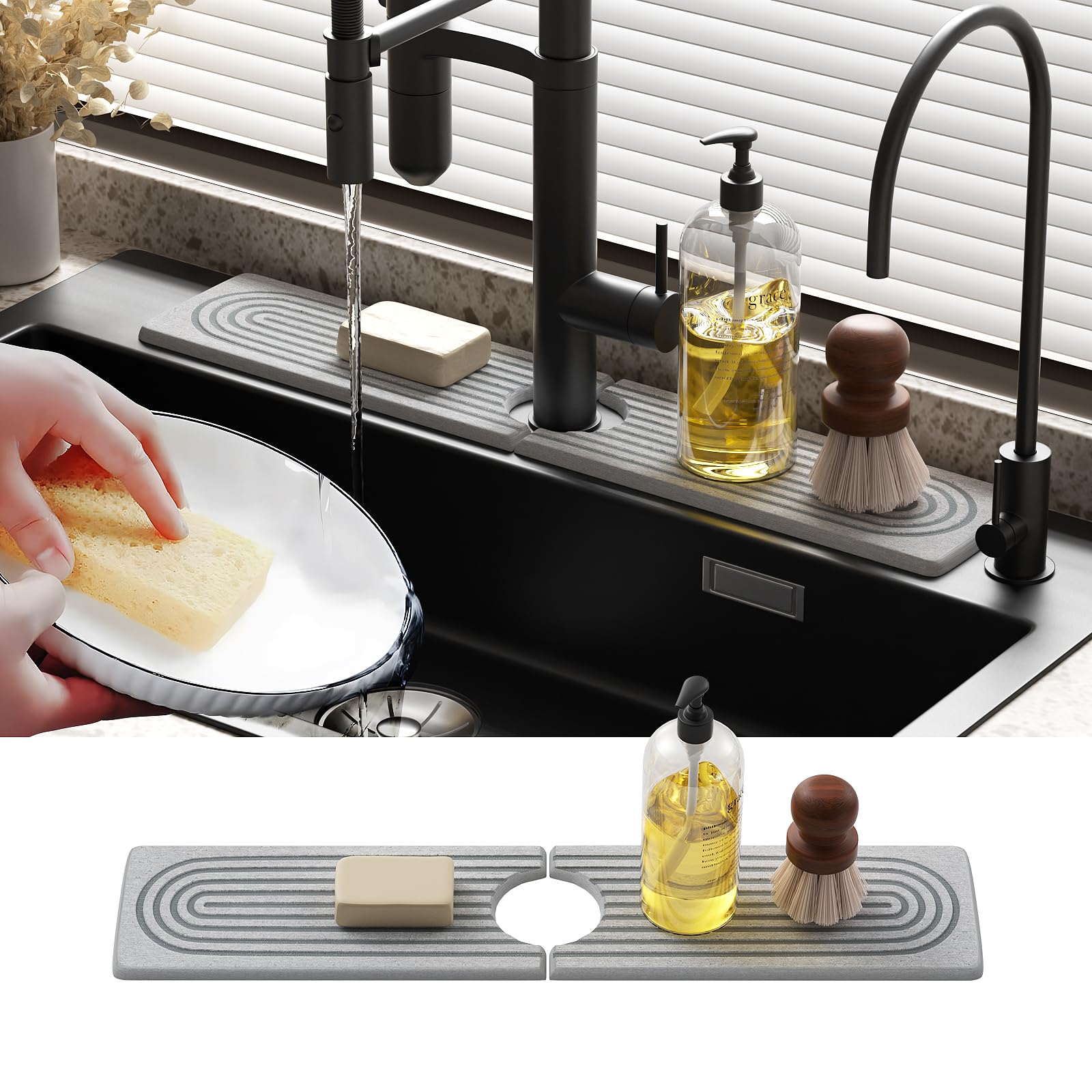 Slow Slog Quick Dry Sink Splash Guard - 15.8" Fast Drying Diatomaceous Earth Faucet Tray - Super Absorbent Sink Faucet Mat for Kitchen & Bathroom