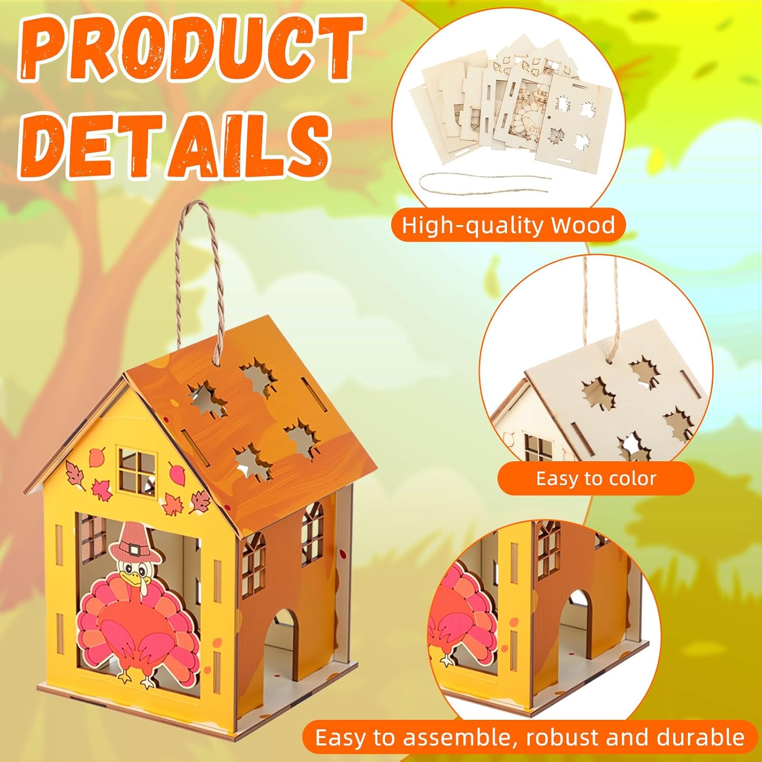 DoubleFill 24 Pcs Fall Wooden House Craft Kits for Kids Adults Make You Own Fall House Thanksgiving DIY Unfinished Painting Turkey Arts and Crafts Kits for Autumn Party Supplies Decoration