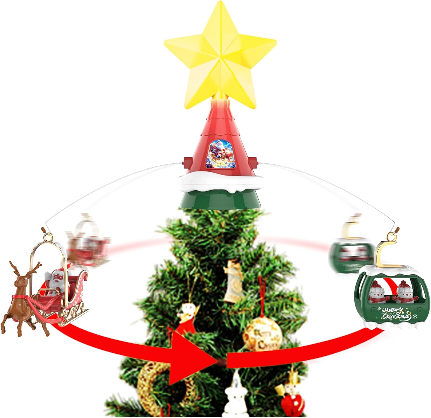 Christmas Xmas Music Light-up Star Tree Topper with Rotatable Santa Claus Décor, Switchable Music, 6.56Ft Power Cord, Christmas Tree Ornaments Decorations Décor for Christmas