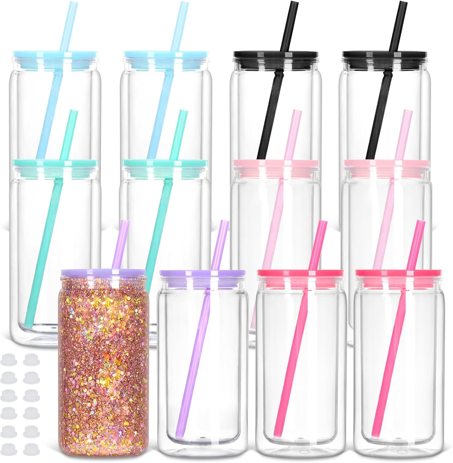 12 Pack Acrylic Snow Globe Tumbler with Pre Drilled Hole, 16 Oz Double Wall Plastic Can with Lid and Straw, Plastic Mason Jar Mug for Snow Globe Glitter DIY Gift (Mixed Colors)