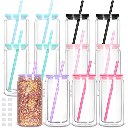 12 Pack Acrylic Snow Globe Tumbler with Pre Drilled Hole, 16 Oz Double Wall Plastic Can with Lid and Straw, Plastic Mason Jar Mug for Snow Globe Glitter DIY Gift (Mixed Colors)