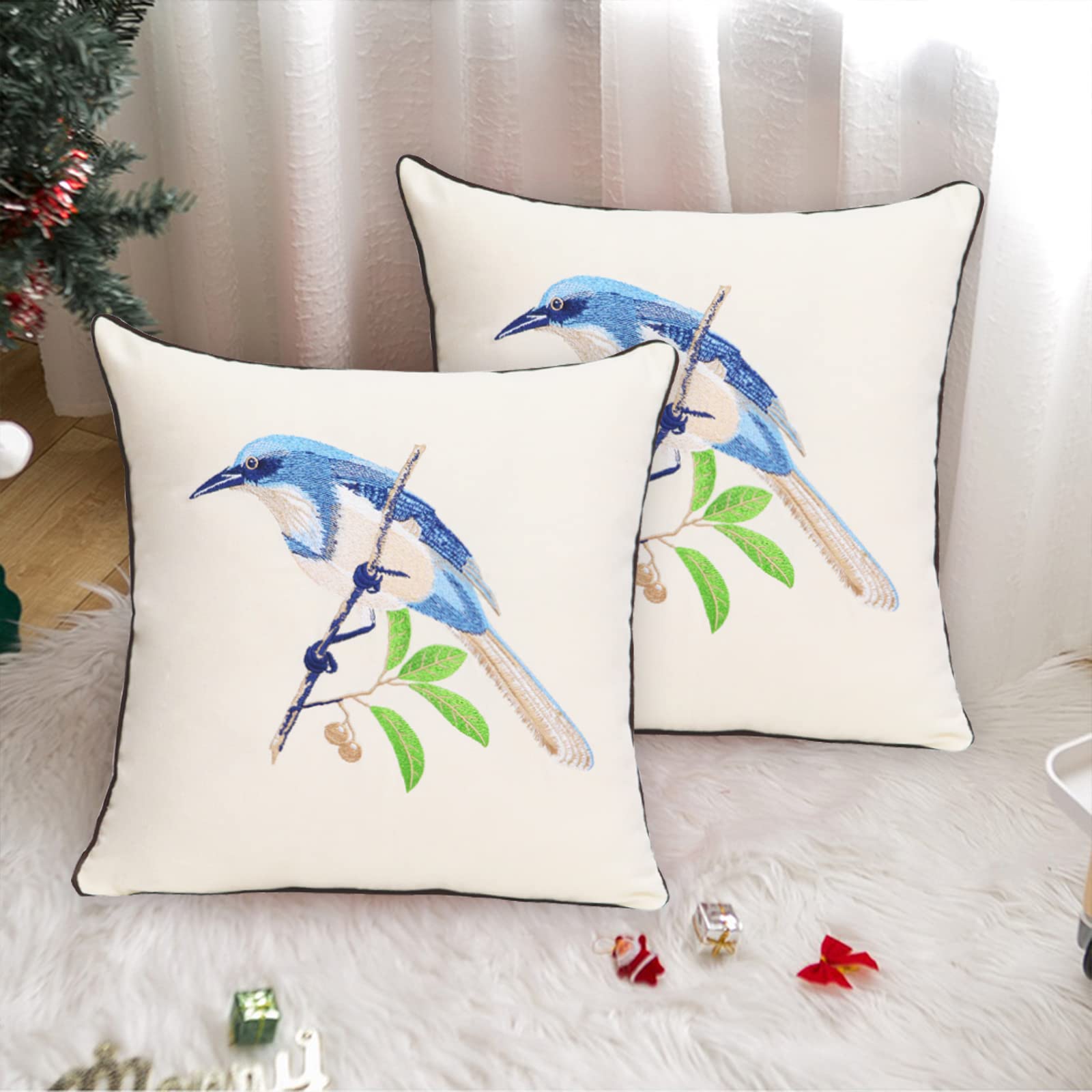 Pilmandu Set of 2 Embroidered Decorative Throw Pillow Covers 45x45cm Couch Square Pillowcases Cushion for Bedroom Sofa Farmhouse Decor (Blue Bird) - Image 4