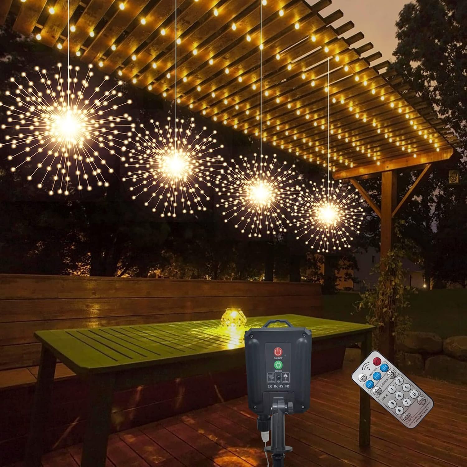 4 Pack 800 LED Solar Starburst Sphere Lights,Firework Light Remote Control Timer 8 Modes Dimmable, Waterproof Hanging Sparkly Fairy Light for Patio Party Tent Halloween Christmas Decor (Warm White)
