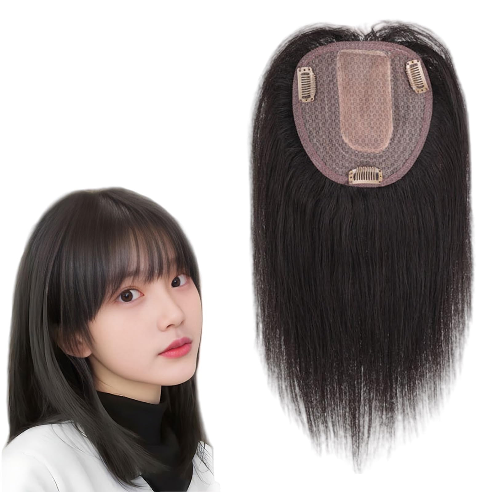 Schwarze Haar-Toppermit Pony 100% Echthaarteile for Frauen 5 X 5 Zoll Seidentoupet Clip-In-Haarteile Haarverlängerungen for Dünner Werdendes Haar(12 inch)