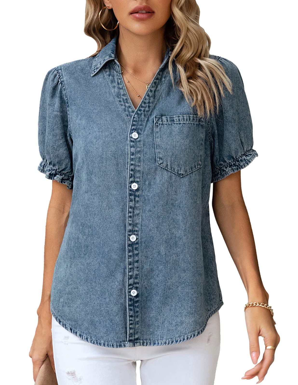 KANCY KOLE Womens Denim Shirts Button Down Short Puff Sleeve Lightweight Jeans Shirts with Pocket Business Casual Tops, Light Blue, Large
