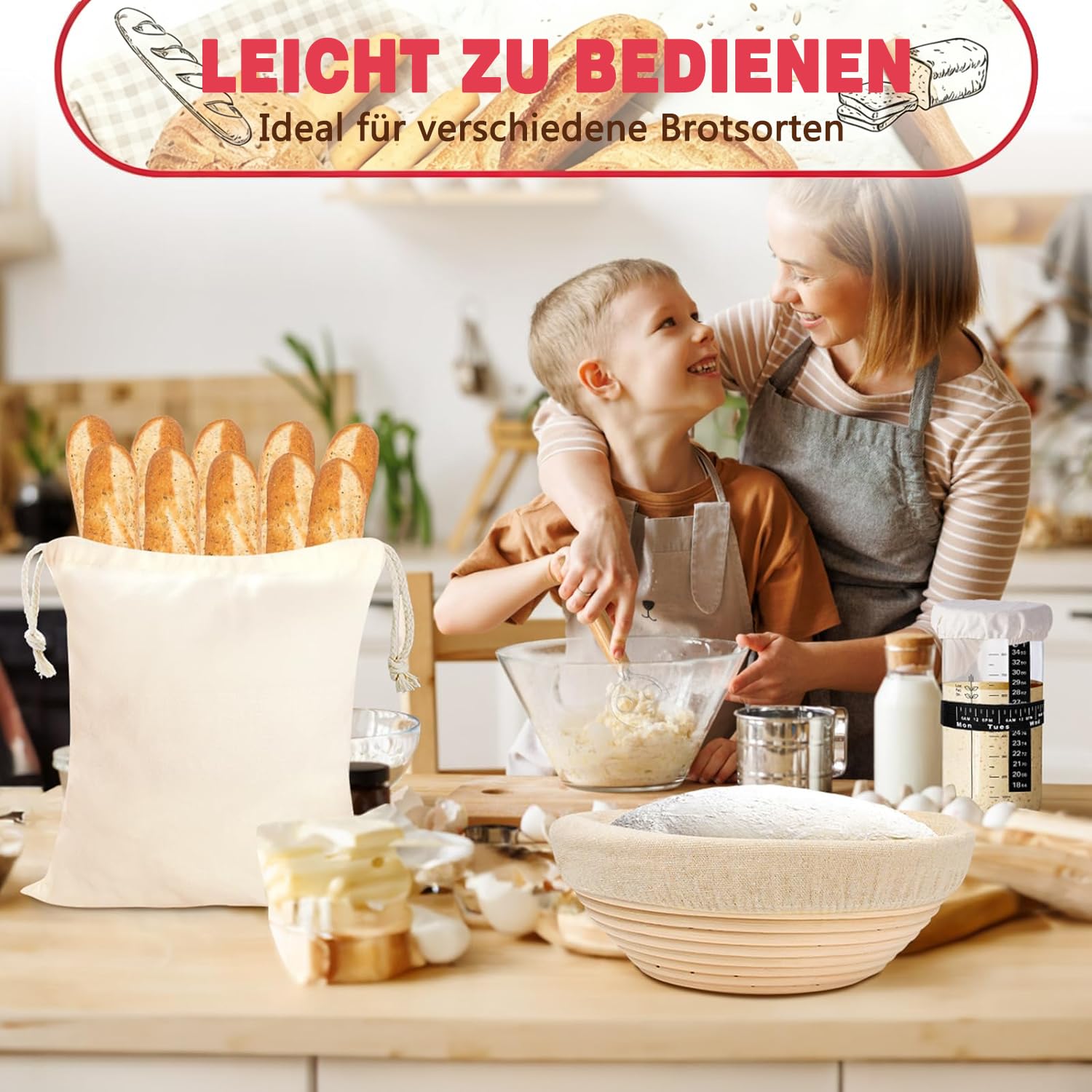 Sauerteig Starter Set, Gärkorb Brot Set mit 2 Gärkörbchen (23cm Runde & 25cm Ovale), Rattan, 1000ml Glasgefäß zur Sauerteiggärung, inkl. Teigschaber, Leineneinsatz, Brotschaber & mehr