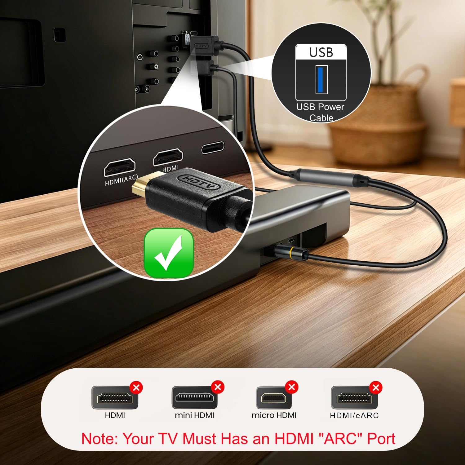 192KHz HDMI ARC to Optical Audio Adapter 6.6FT, ARC to Optical Converter - for HDTV AR C Ports to O ptical Soundbar, Home Theaters, Plug & Play, Support PCM 2.0 Audio Formats (NO CEC)