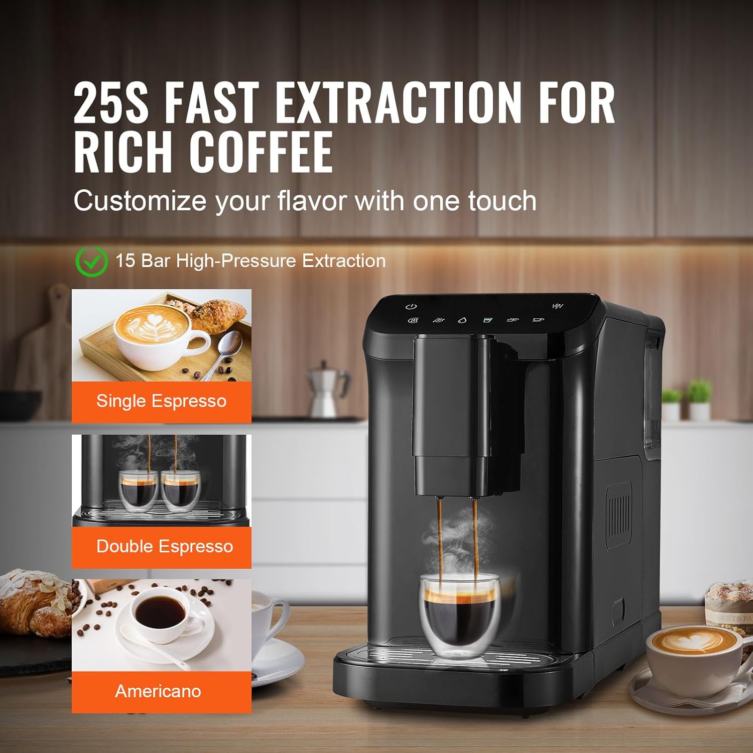 Happybuy Automatic Espresso Machine with Built, in Grinder, 15-Bar Pressure, 15 Adjustable Grind Settings, 1.5L Water Tank & 180g Bean Hopper