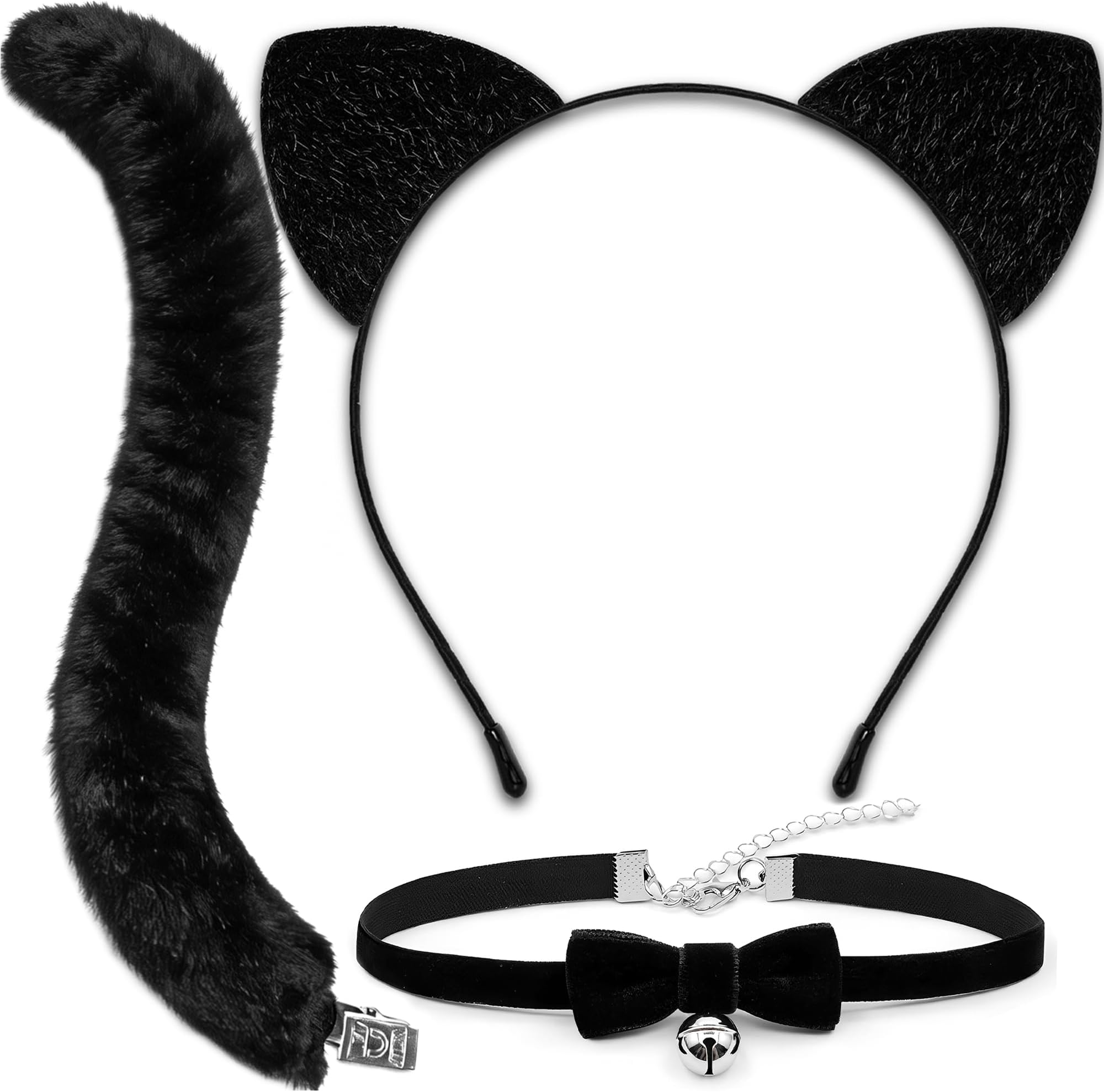 MUKOSEL Cat Ears Headband and Tail Bell Collar Set, Cat Costumes for Women Girls Black Cat Ears and Tail Set, Cat Costume Accessories Halloween Party Cosplay Costumes Set for Adults Women Girls