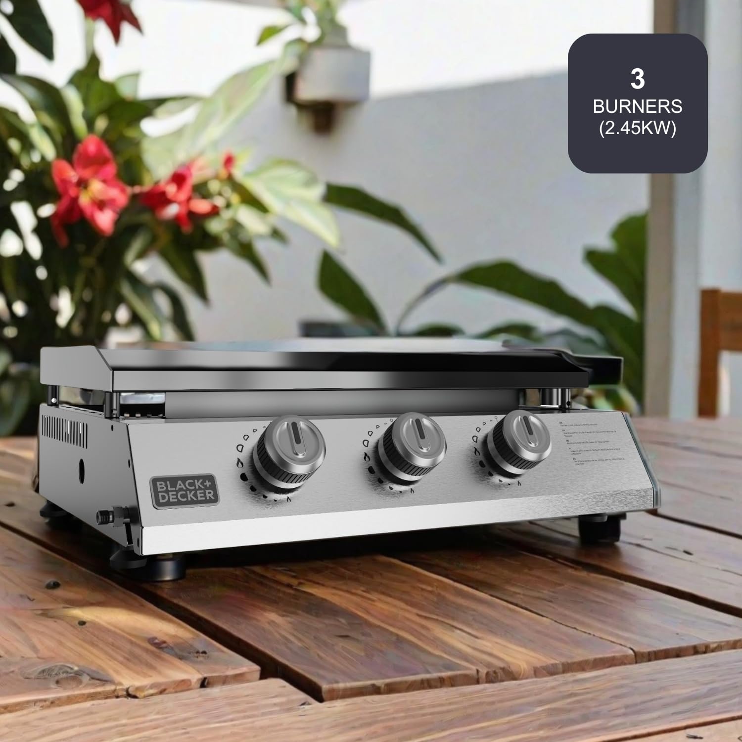 Black+Decker – Plancha de gas BXOP7350E | 3 quemadores | Parrilla de acero | Amplia superficie de cocción | 12 Personas | Para bombona gas estándar España/Italia | Patas Ajustables | Limpieza Fácil