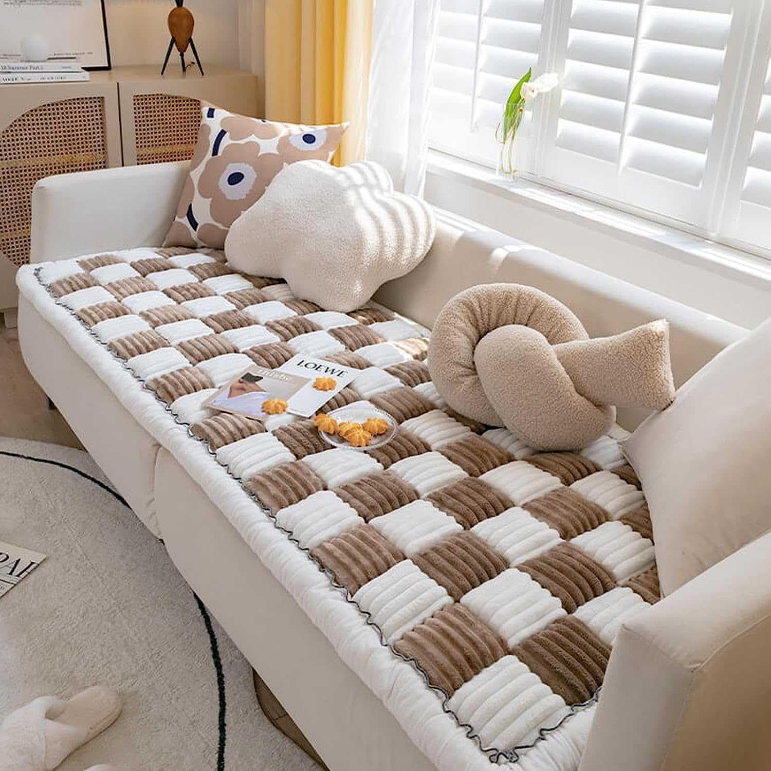 Funnyfuzzy Cream-Coloured Large Plaid Square Pet Mat Bed Couch Cover - Furniture Protector for Dog, Cat - Funny Fuzzy Couch Cover, Blanket Sofa - Mattress Protector โ image 1