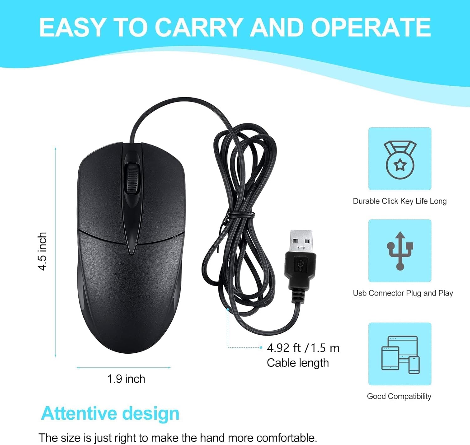 60 PCS Black Wired USB Computer Mouse Bulk - 1000 DPI 3 Button Corded With Home Office Noiseless Simple for Laptop Desktop PC (YX-Mouse60)