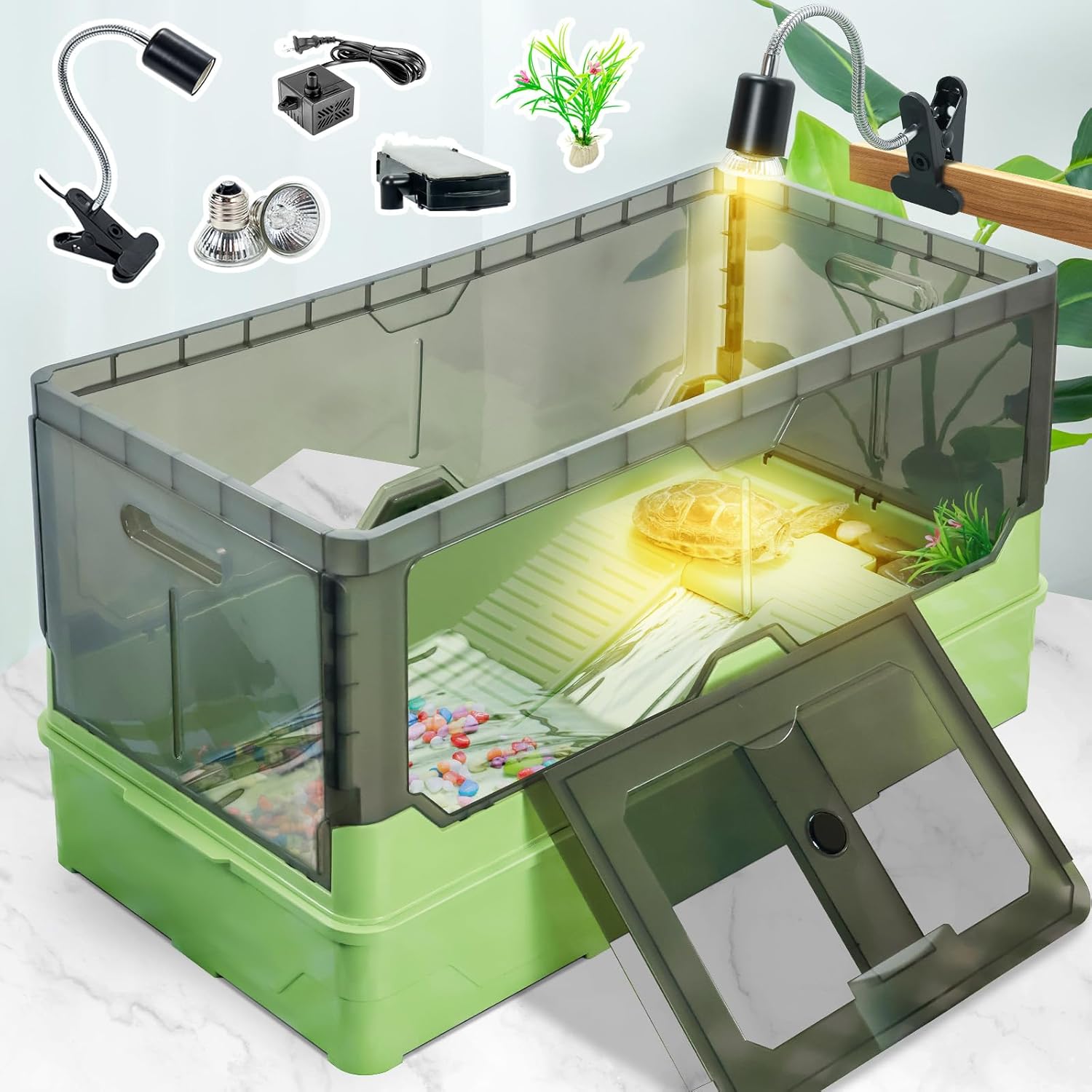 Turtle Tank kit with filter+Water pump+Heat lamp, Wheels, easy to move, Imitate The natural flows, suitable for small Turtle Horned Frog Hermit (L, Green) L Green