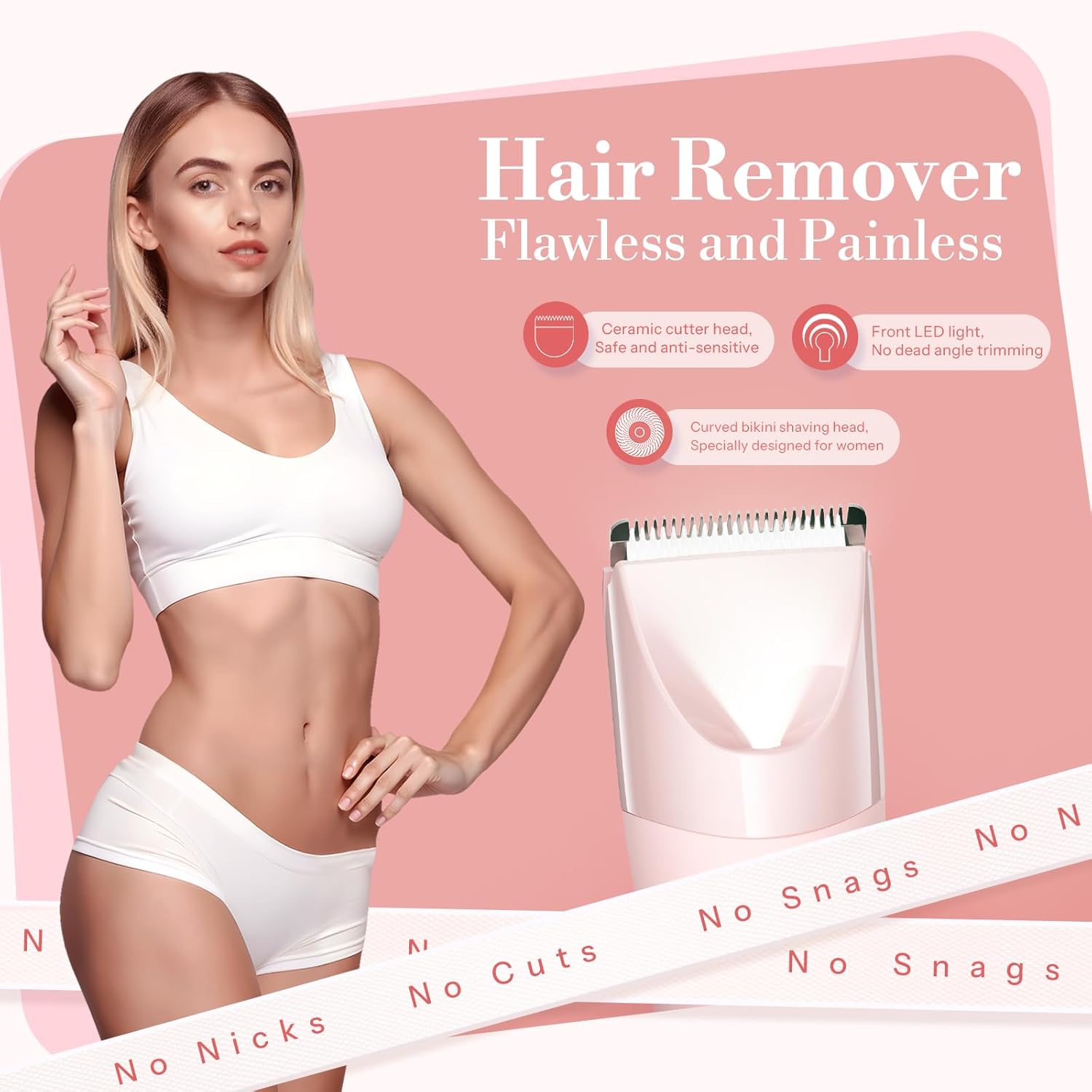 Bikini Trimmer for Women, Flyant 2 in 1 Electric Shaver for Women, Pubic Hair Trimmer Waterproof IPX7 with LED, Bikini Razor for Leg Arm Underarm Bikini Area, Christmas Gifts for Her - Rose Pink - Image 3