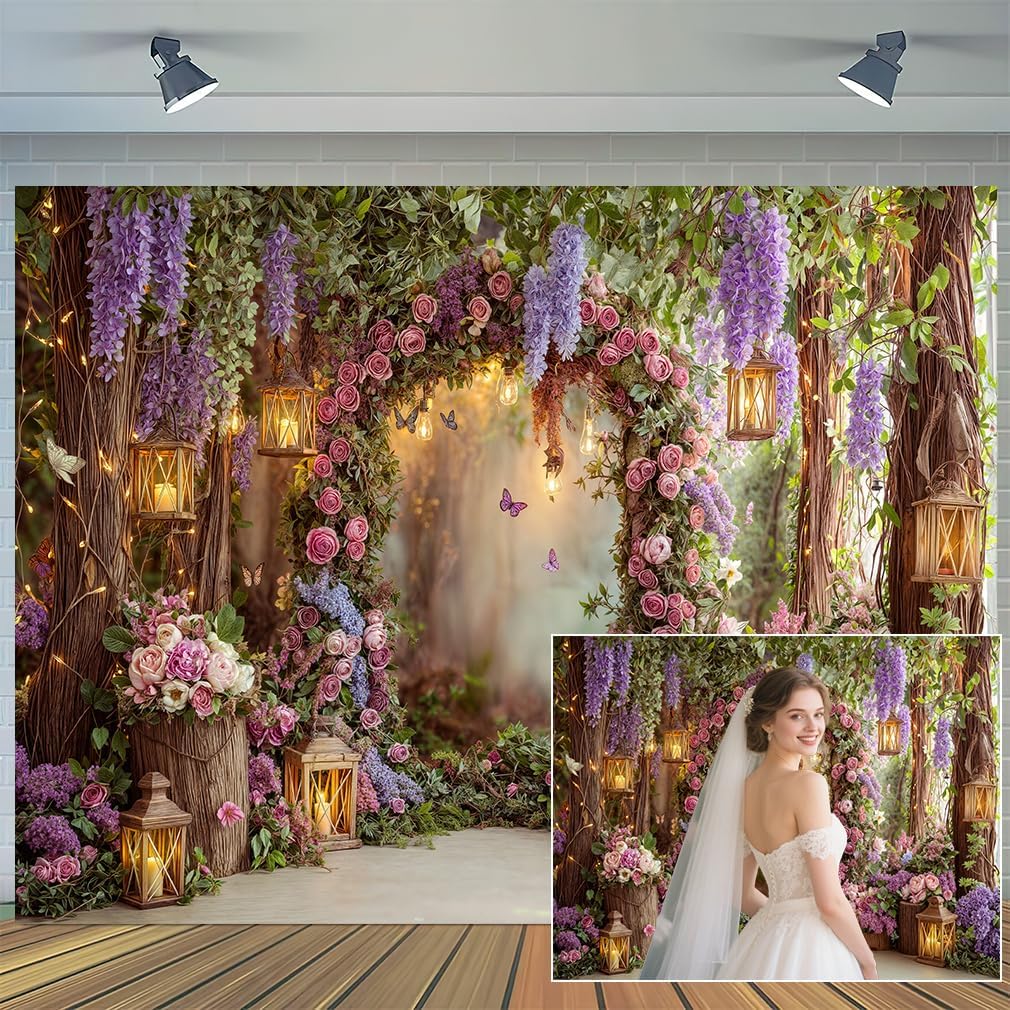 10X8FT Floral Arch Backdrop Butterfly Elegant Wedding Photography Background Birthday Party Baby Bridal Shower Wedding Banner Decor Portrait Photoshoot Wallpaper Photo Studio Props