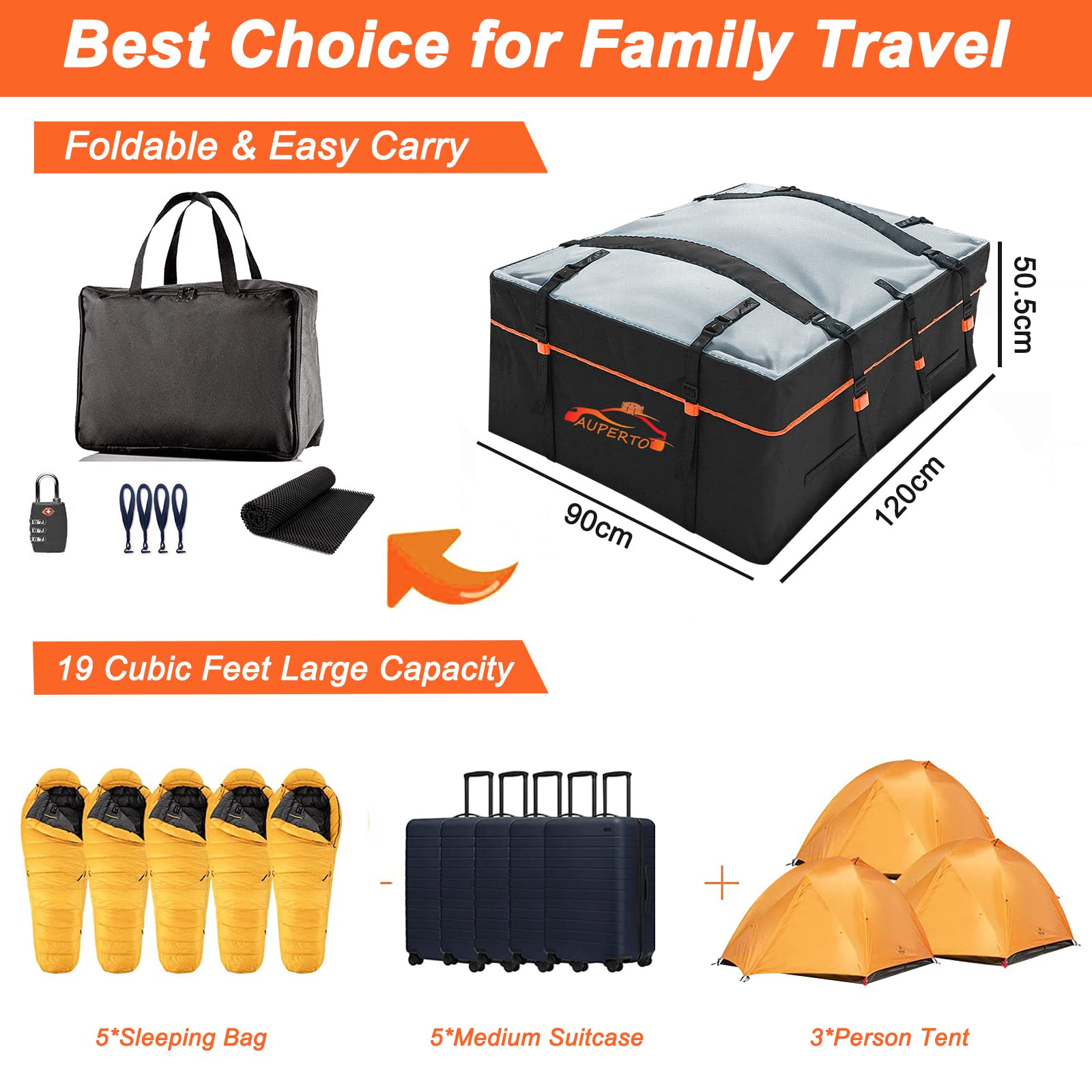 Sac de Toit 600D, Coffre de Toit de Véhicule Pliable, Bagage de Toit Étanche 538L pour VéHicules avec/sans Porte-Bagages, Compris Tapis antidérapant + 4 Crochets de Porte + 1 verrou à Bagages