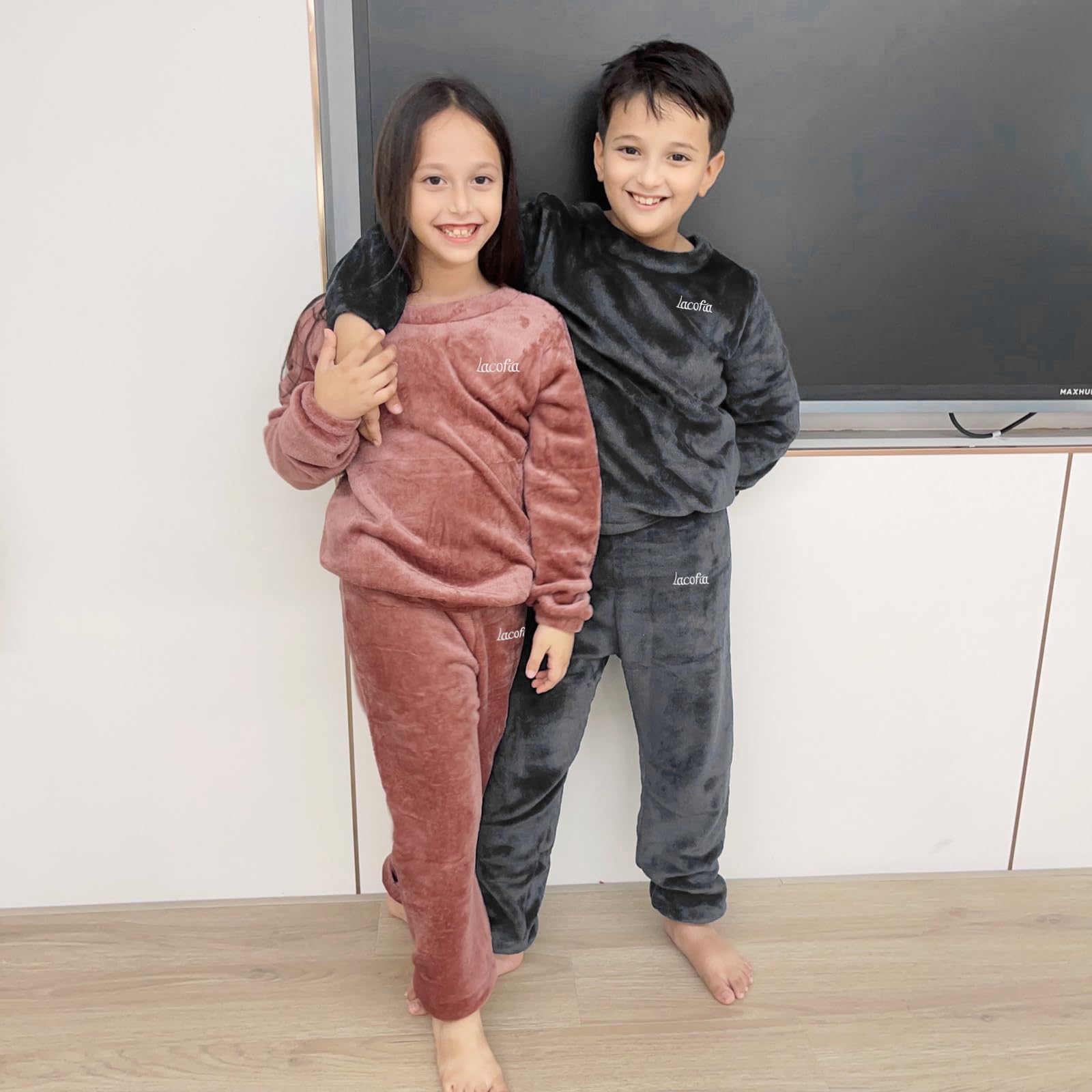 LACOFIA Pigiami Due Pezzi da Bambini e Ragazzi Pigiama Set Invernale di Caldo Pile Abbigliamento da Notte a Maniche Lunghe Bimbo