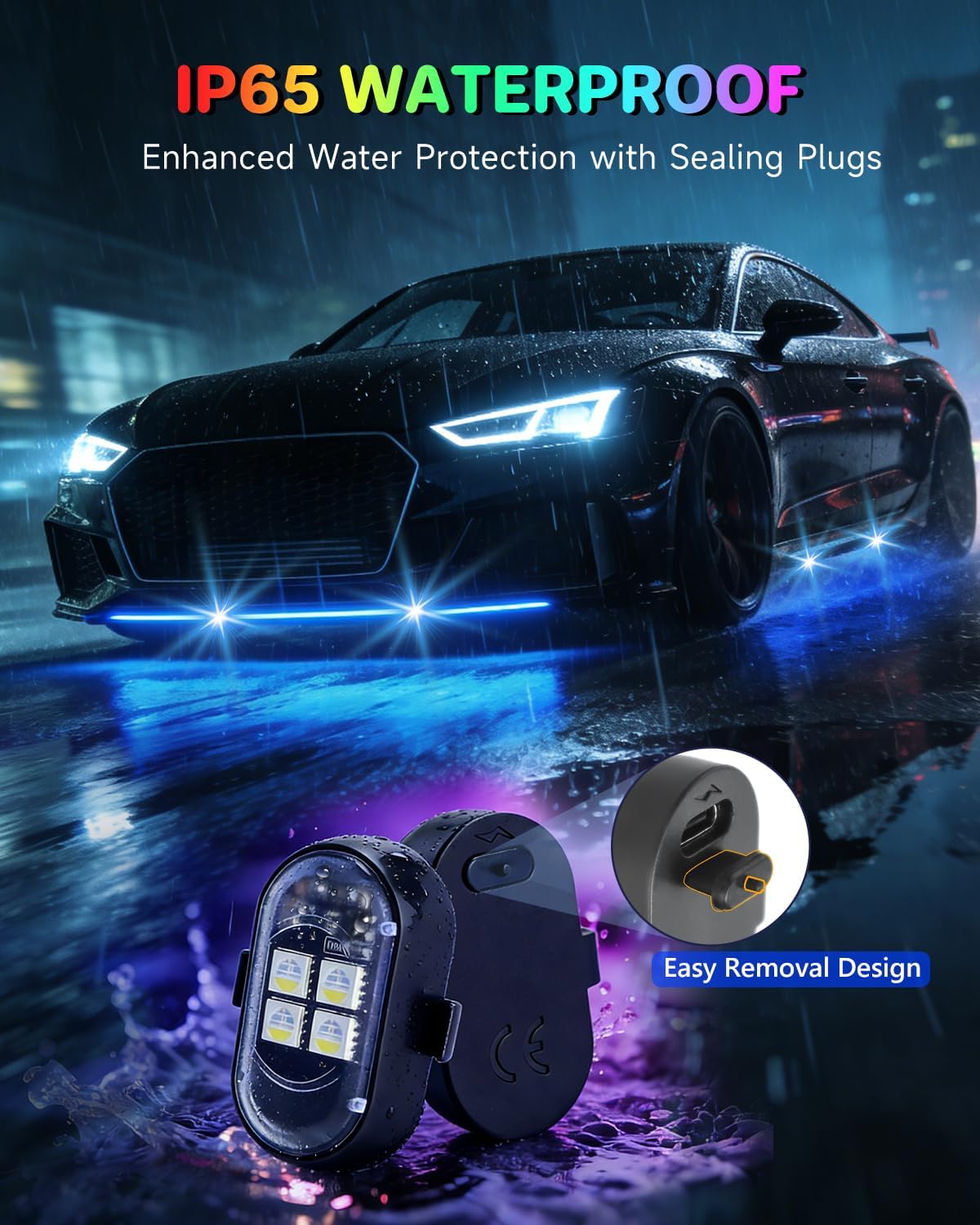 Upgraded 8PCS Wireless LED Lights for car with Remote, Rechargeable Waterproof 8-Color Interior Car Light, Mini LED Strobe Lights for Vehicle Drone Motorcycle Bike