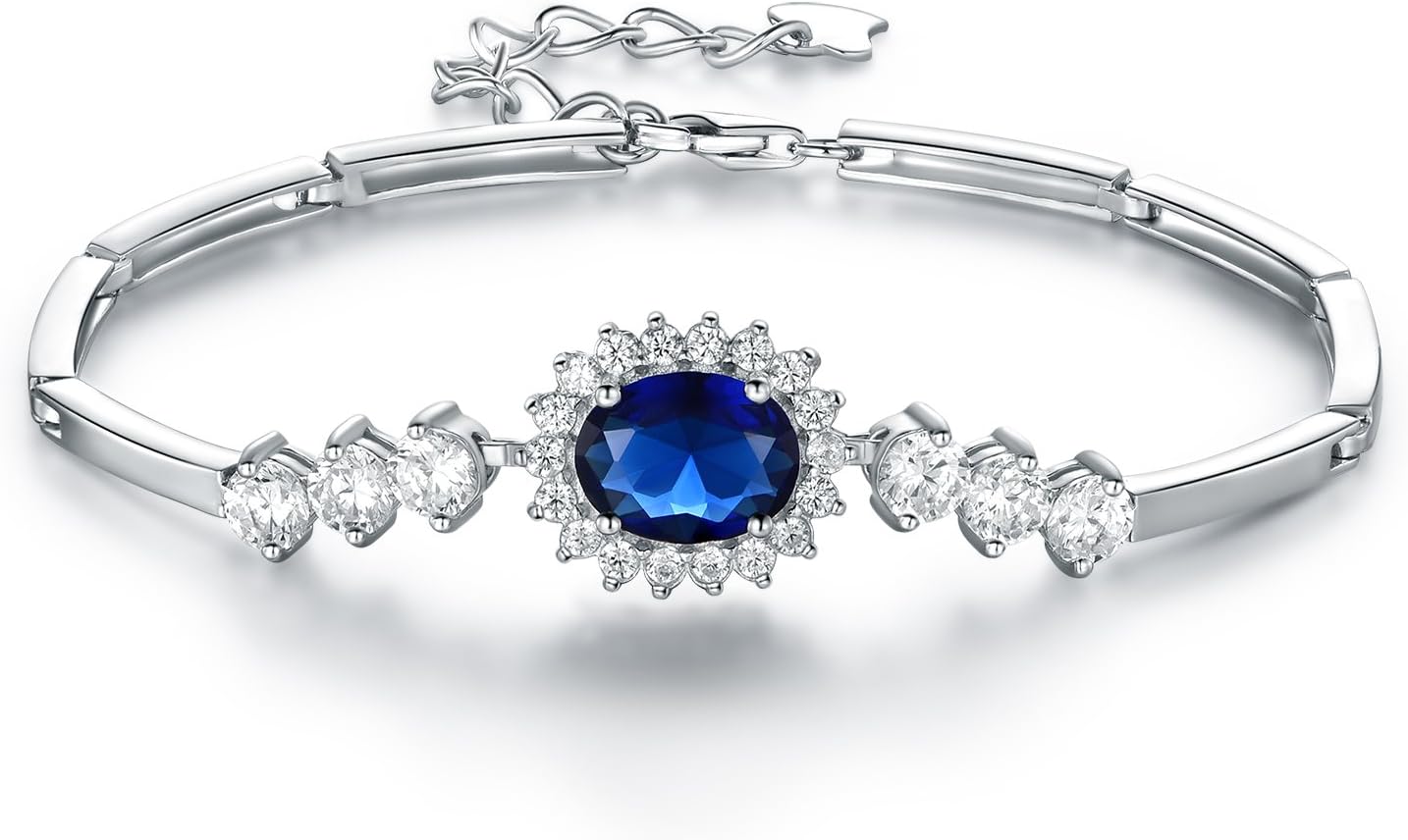 Princess Diana Royal Engagement Style Birthstone 925 Sterling Silver Bracelets Adjustable 16+4cm Platinum Plated Fine Jewellery for Women Gifts